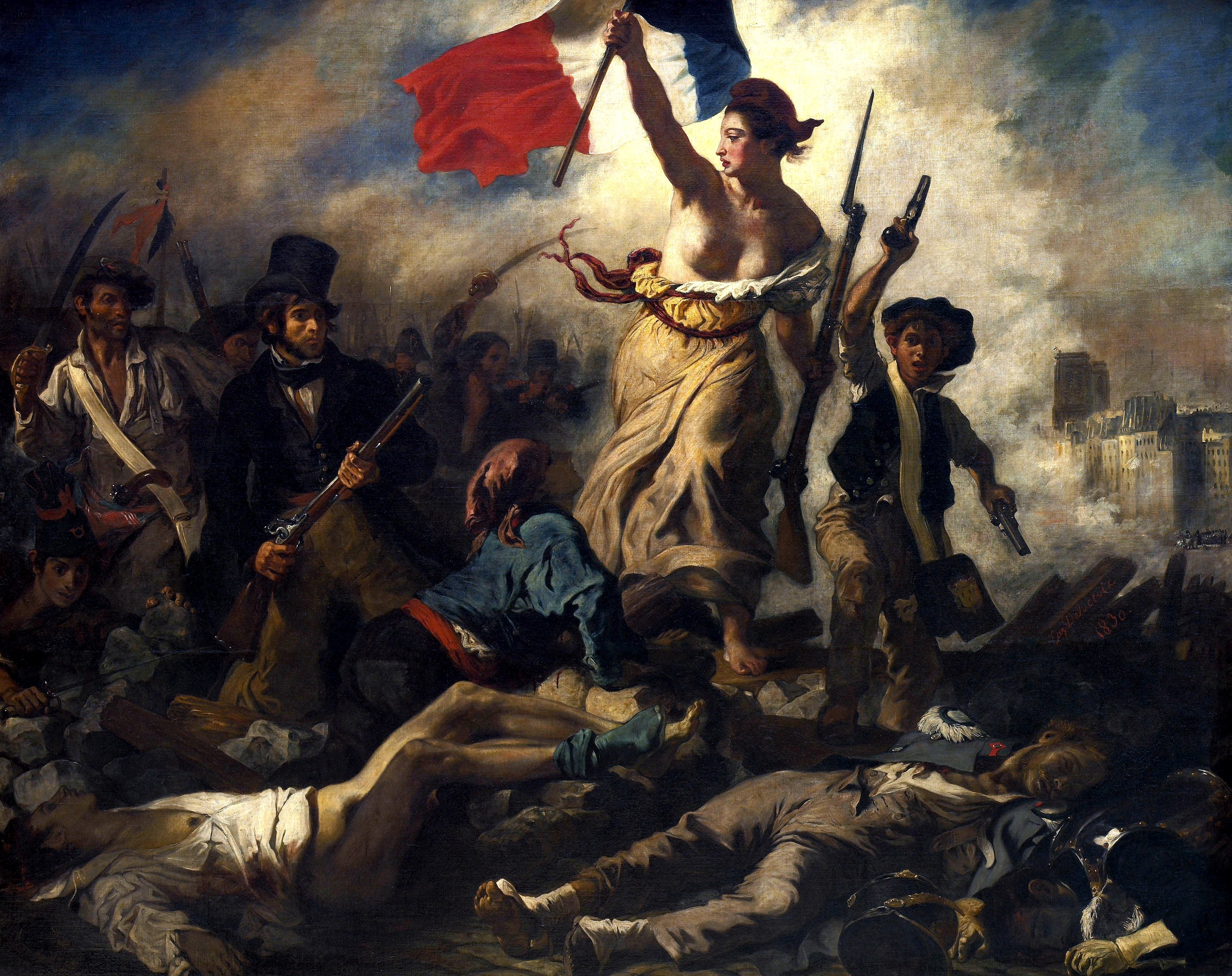 Delacroix: Liberty carrying the French tricolor above people crossing a barricade.