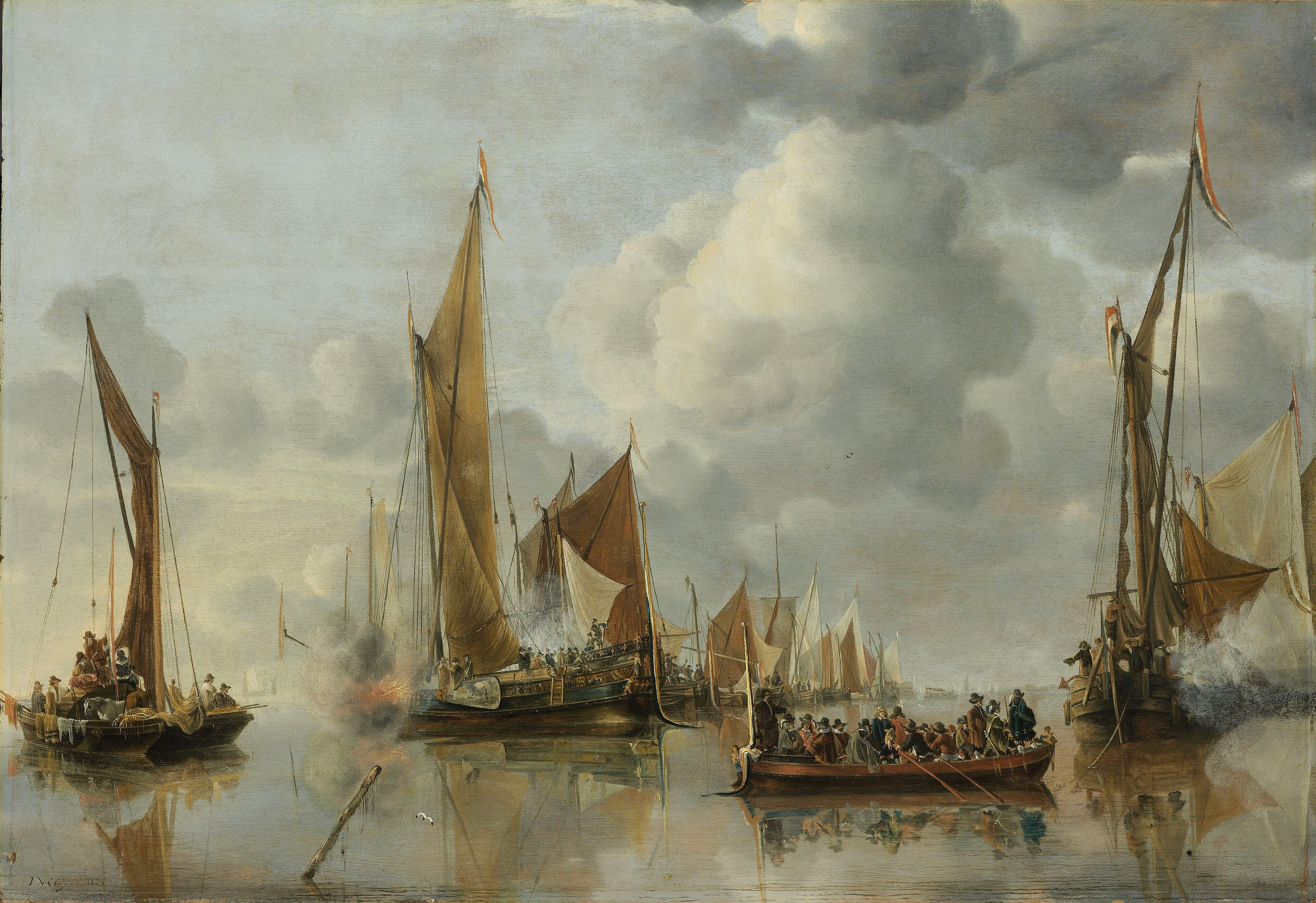 The home fleet saluting the state barge . by Jan van de Cappelle