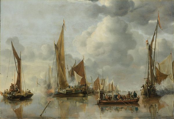The home fleet saluting the state barge . by Jan van de Cappelle