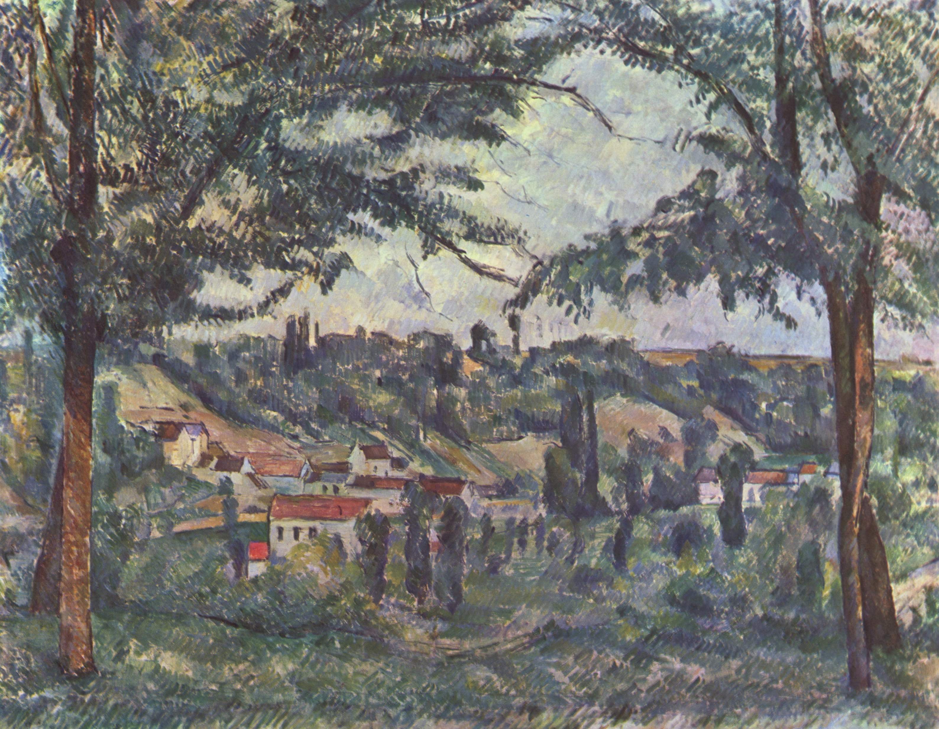 Le Hameau des Pâtis à Pontoise, encadré par des arbres by Paul Cézanne