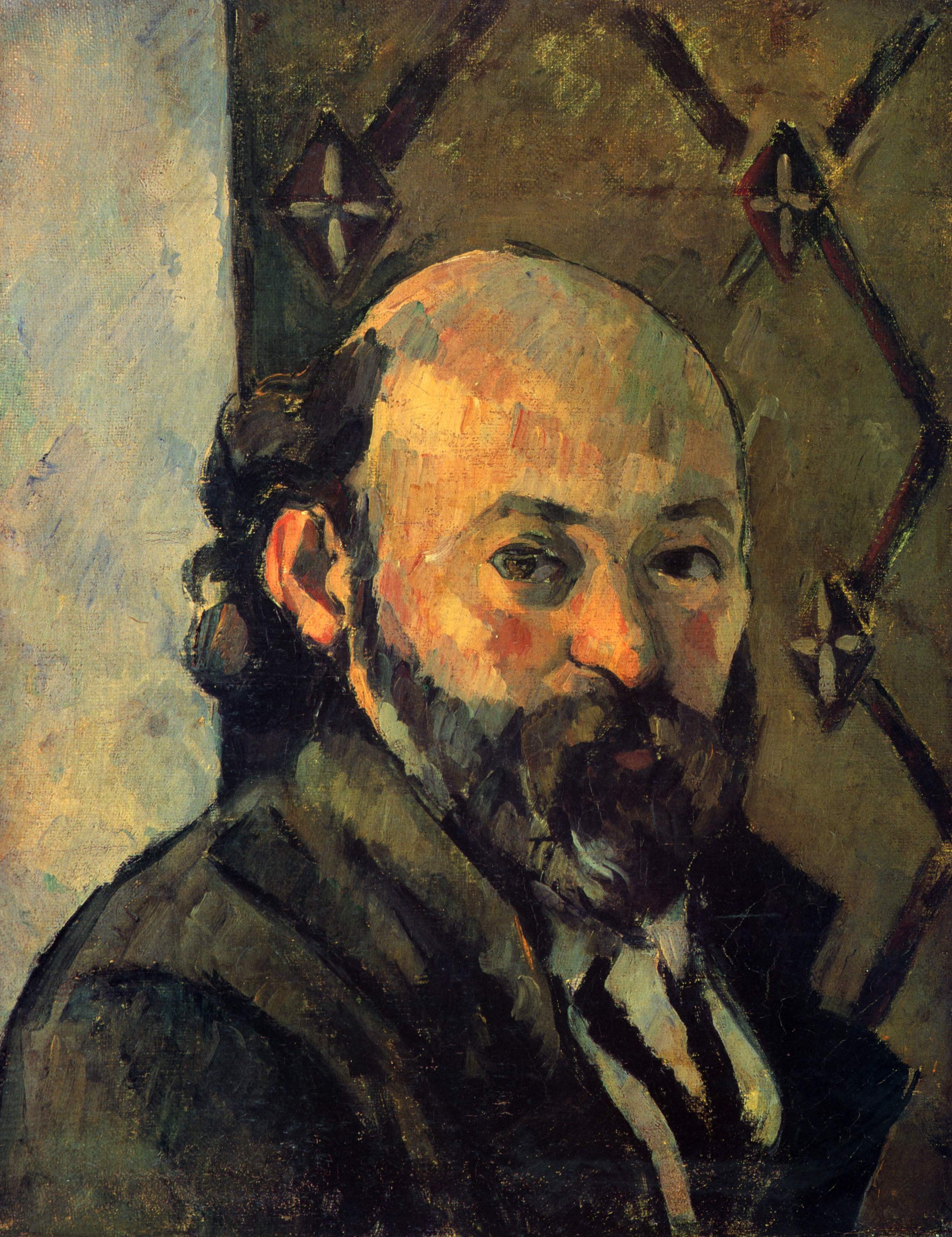 Selbstporträt vor olivfarbener Tapete by Paul Cézanne