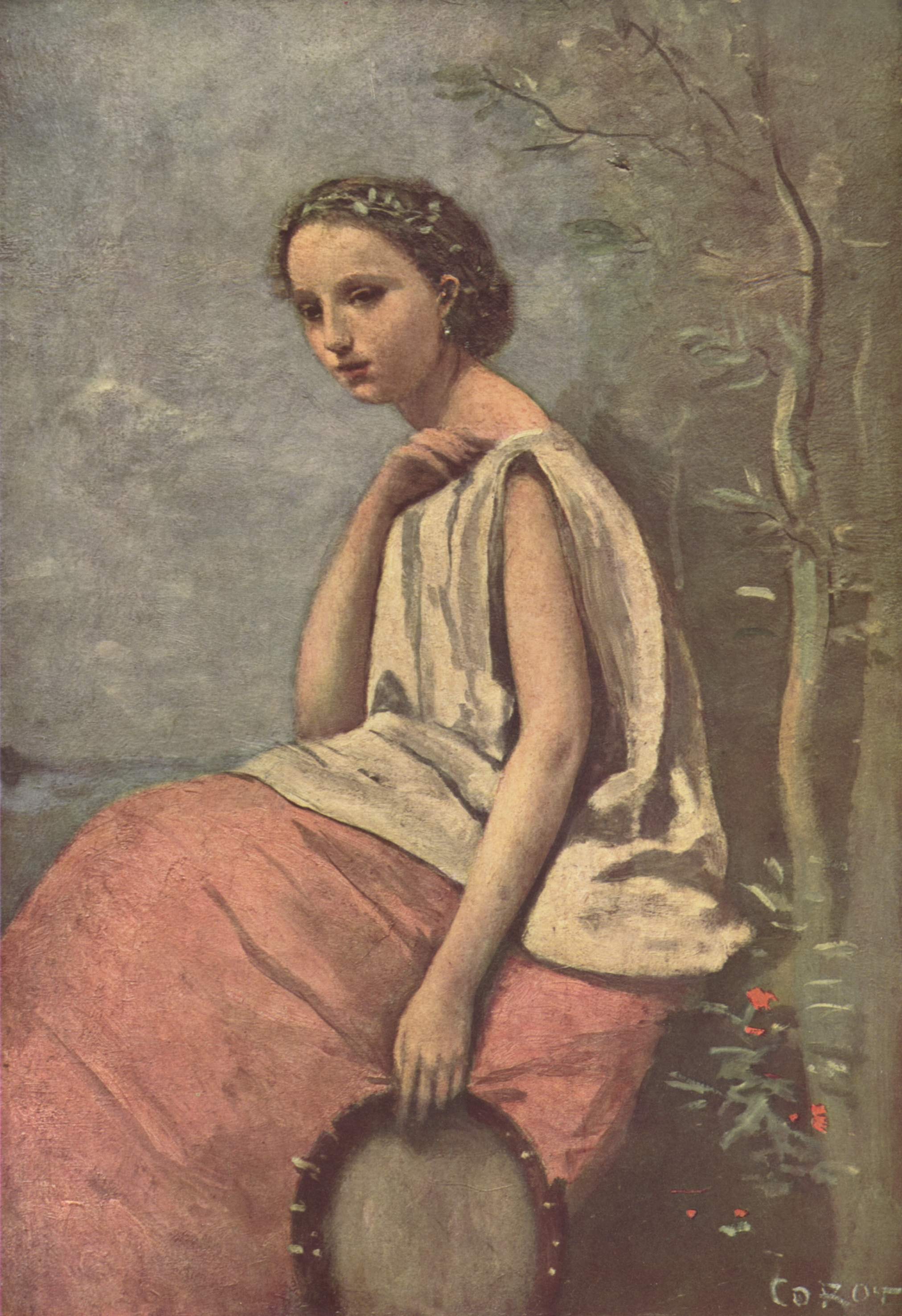 French: Zingara au tambour de basque. by Jean-Baptiste Camille Corot