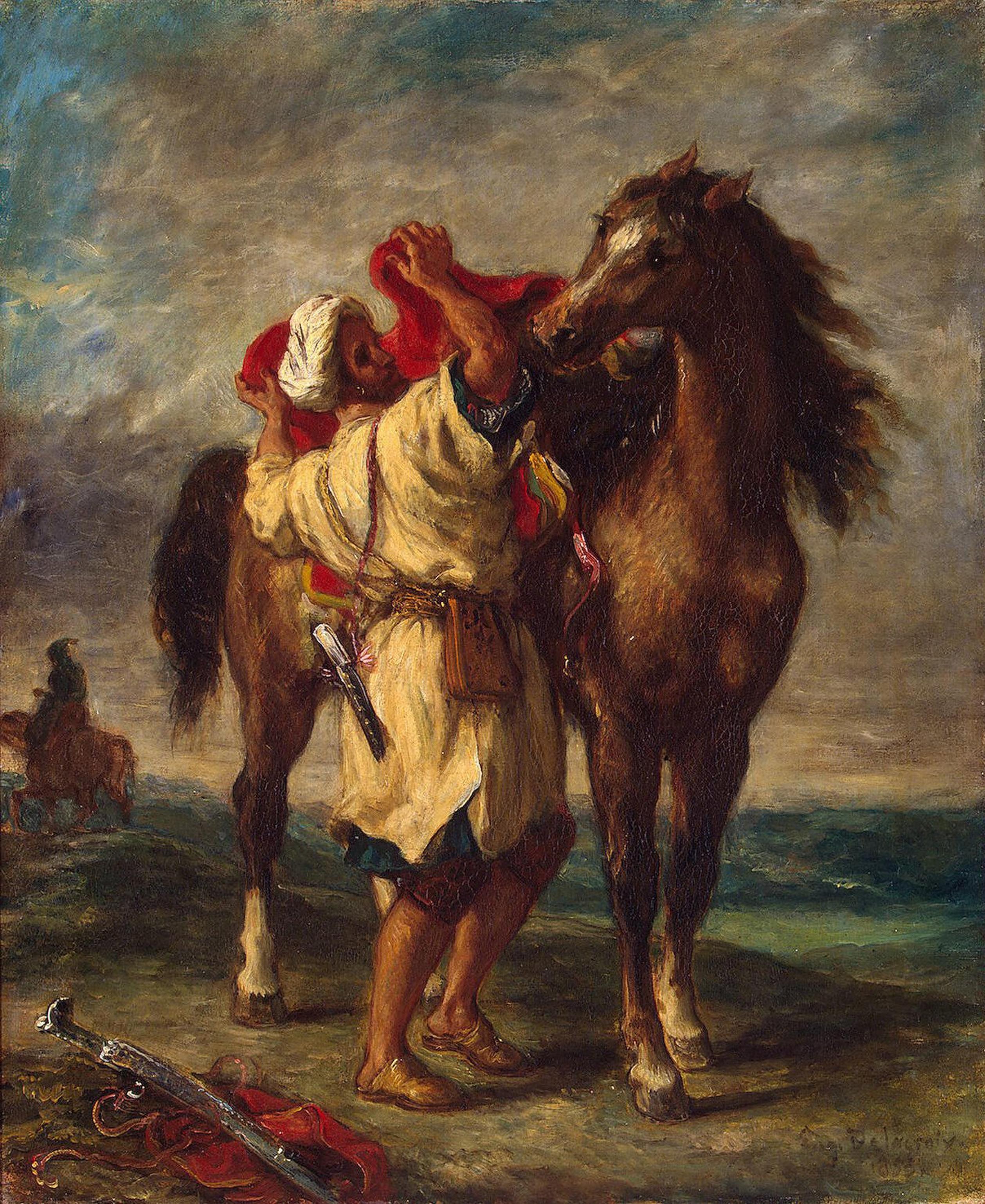 Arab saddling his horse by Eugène Delacroix