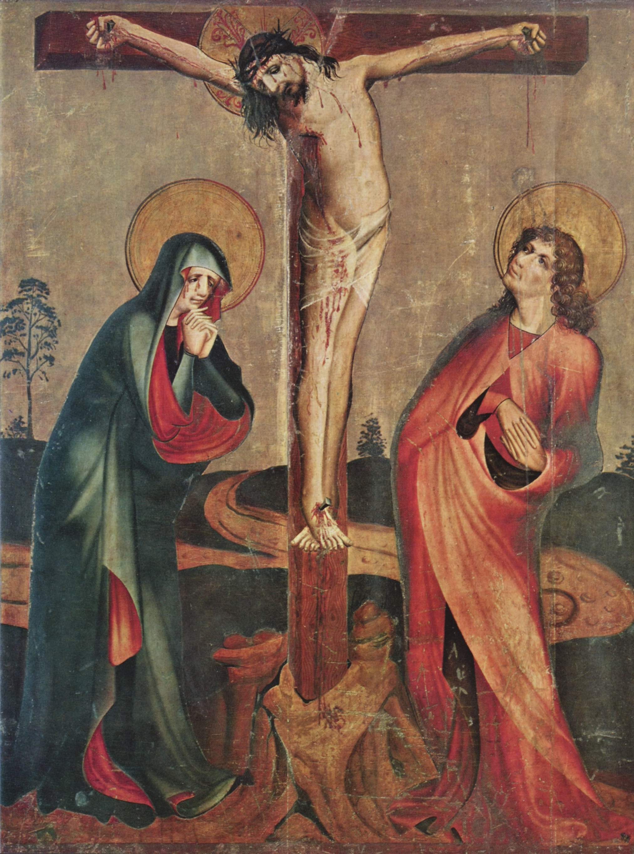 German: Kreuzigung Christi mit Maria und Johannes dem Evangelisten by Meister der Augustiner-Kreuzigung