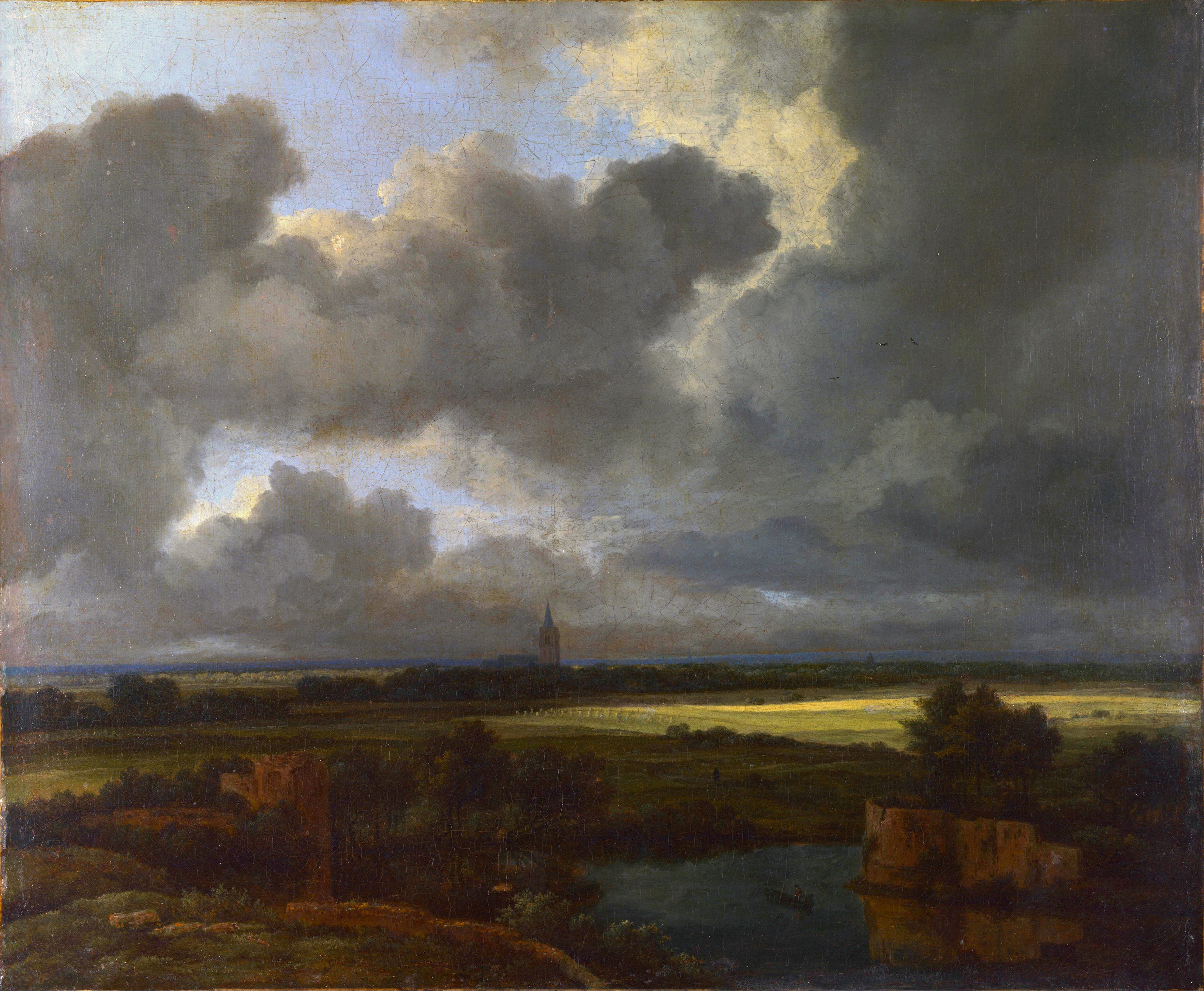 Weite Landschaft mit zerstörten Befestigungsanlagen und einer Kirche im Hintergrund by Jacob van Ruisdael