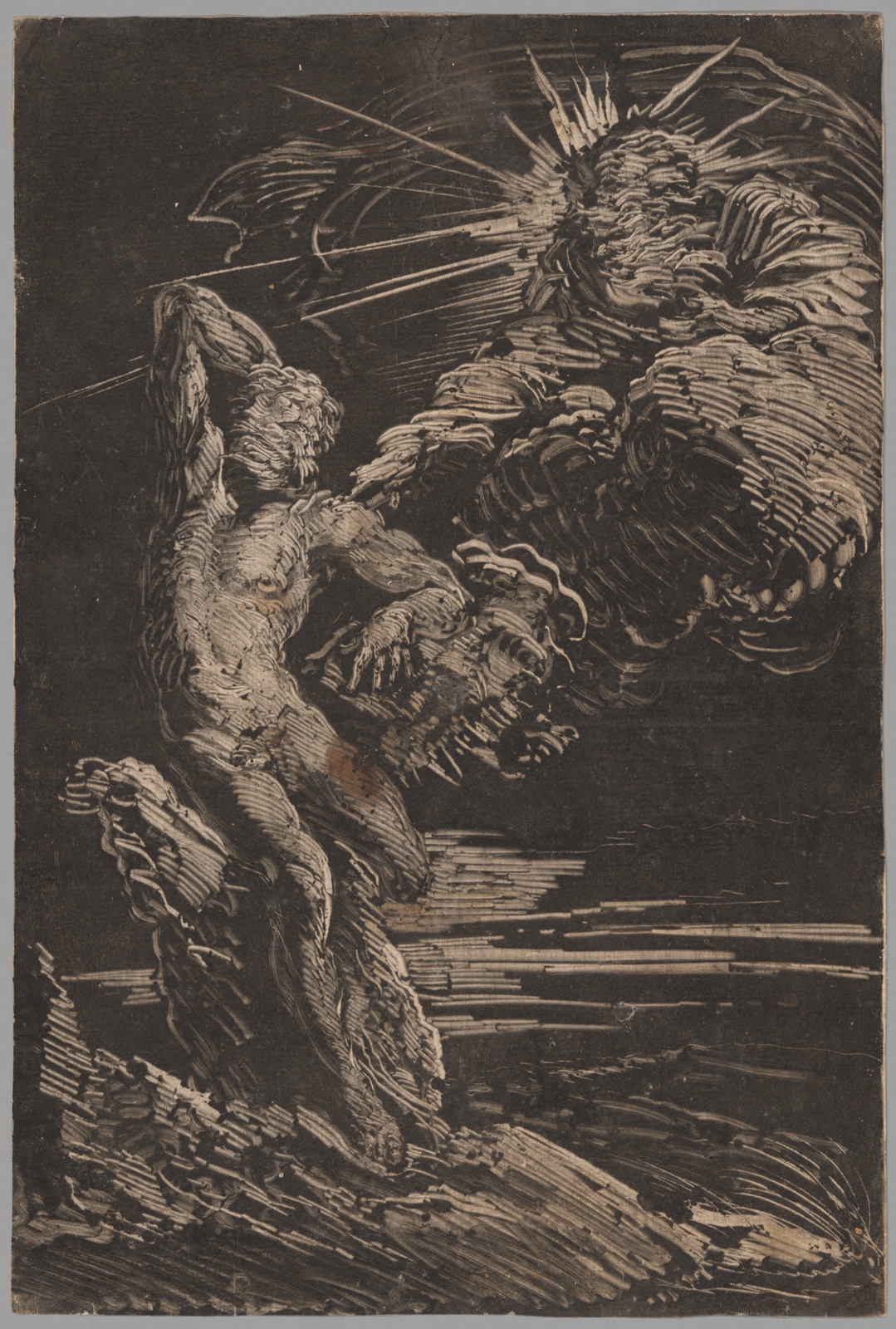 Drawing of god, radiating light, reaching down from clouds, touching male figure.