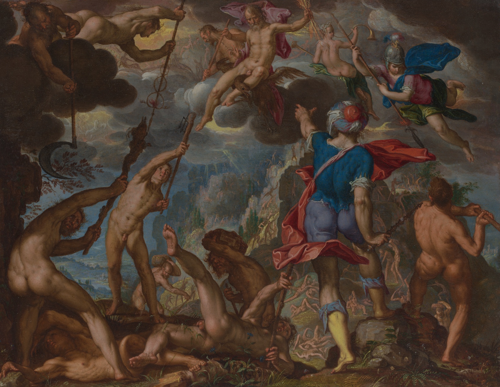 Animated scene of many mostly nude figures in close combat, on earth and aloft in low-hanging clouds, reaching toward one another with long spears.
