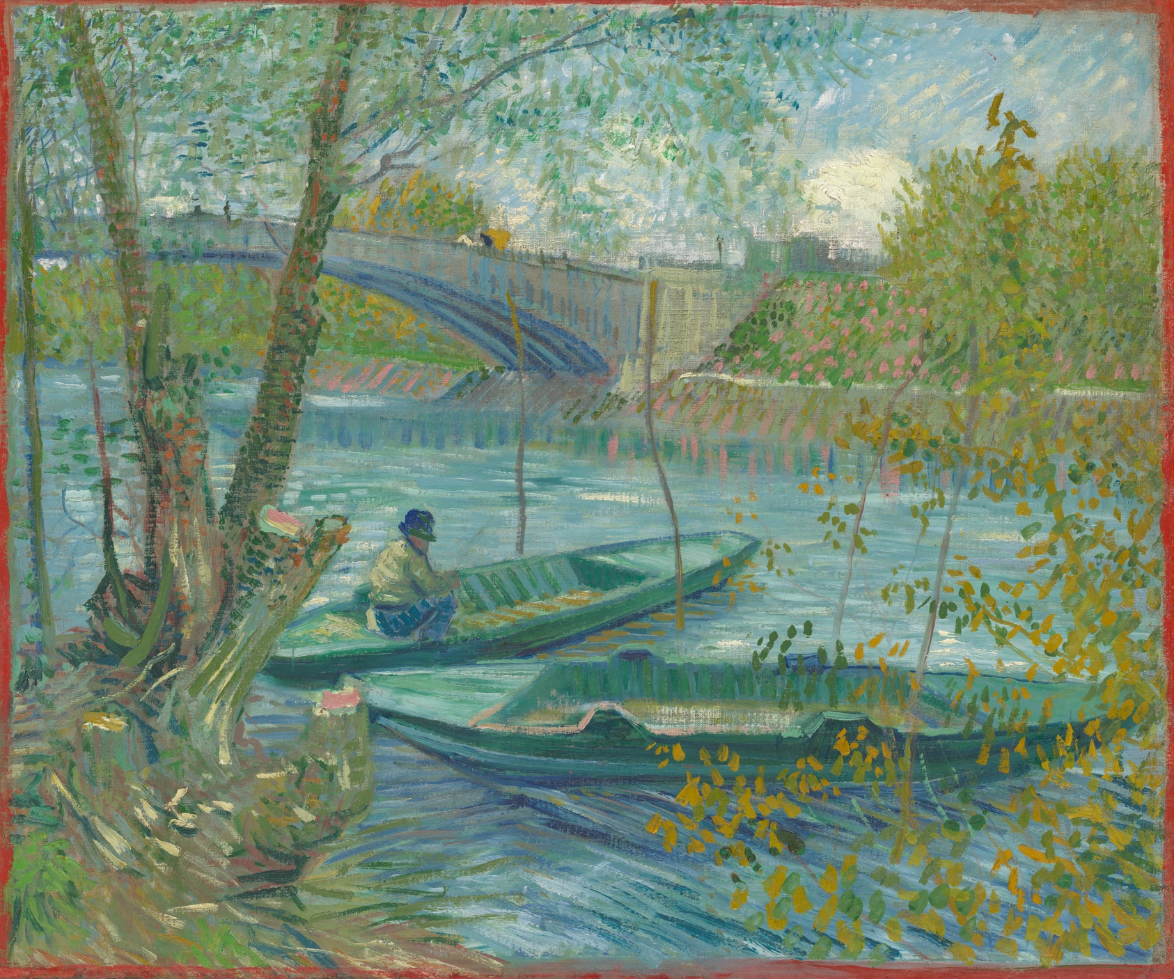 Painting in short strokes of pale blue, green, white, yellow, and pink, of a fisherman in one of two small boats on a river, a tree-lined bank and a bridge in the background.