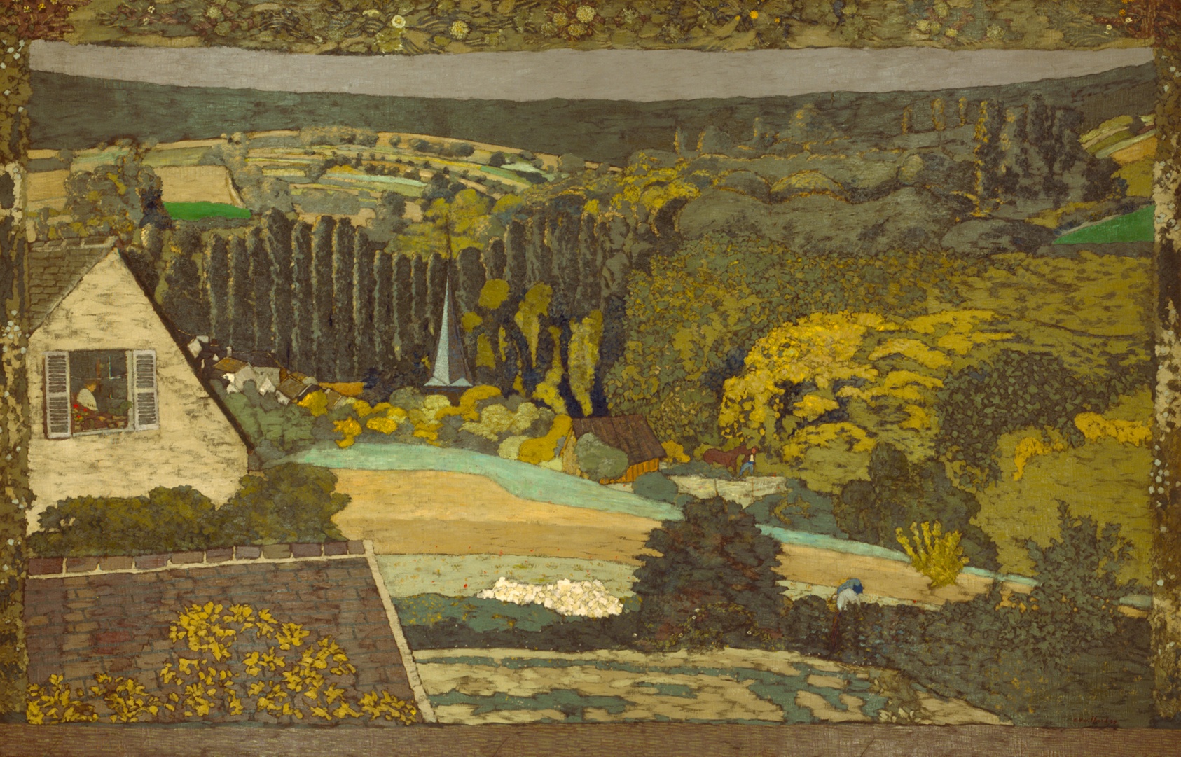 Dense and varied landscape with open fields, groves of bushy trees, and a row of thin conifers. A light-blue river tranverses the canvas, and a church steeple emerges from the trees at left of center. At far left is a side view of a white house with open shutters, a woman working inside.