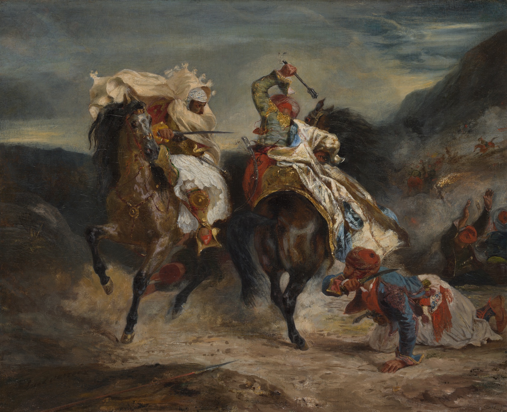 Two men on horseback clash in battle, another man crouches with knife.