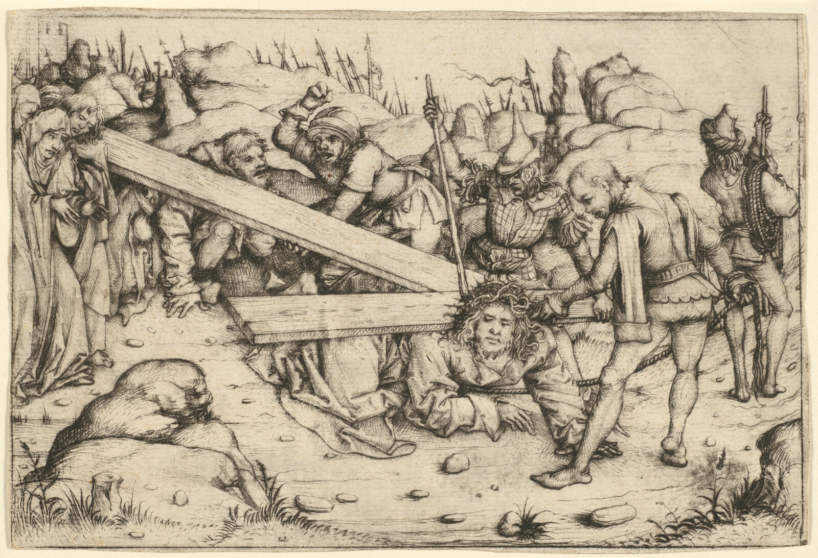 Drawing of Jesus Christ carrying cross, soldier jabbing with staff, crowd following.