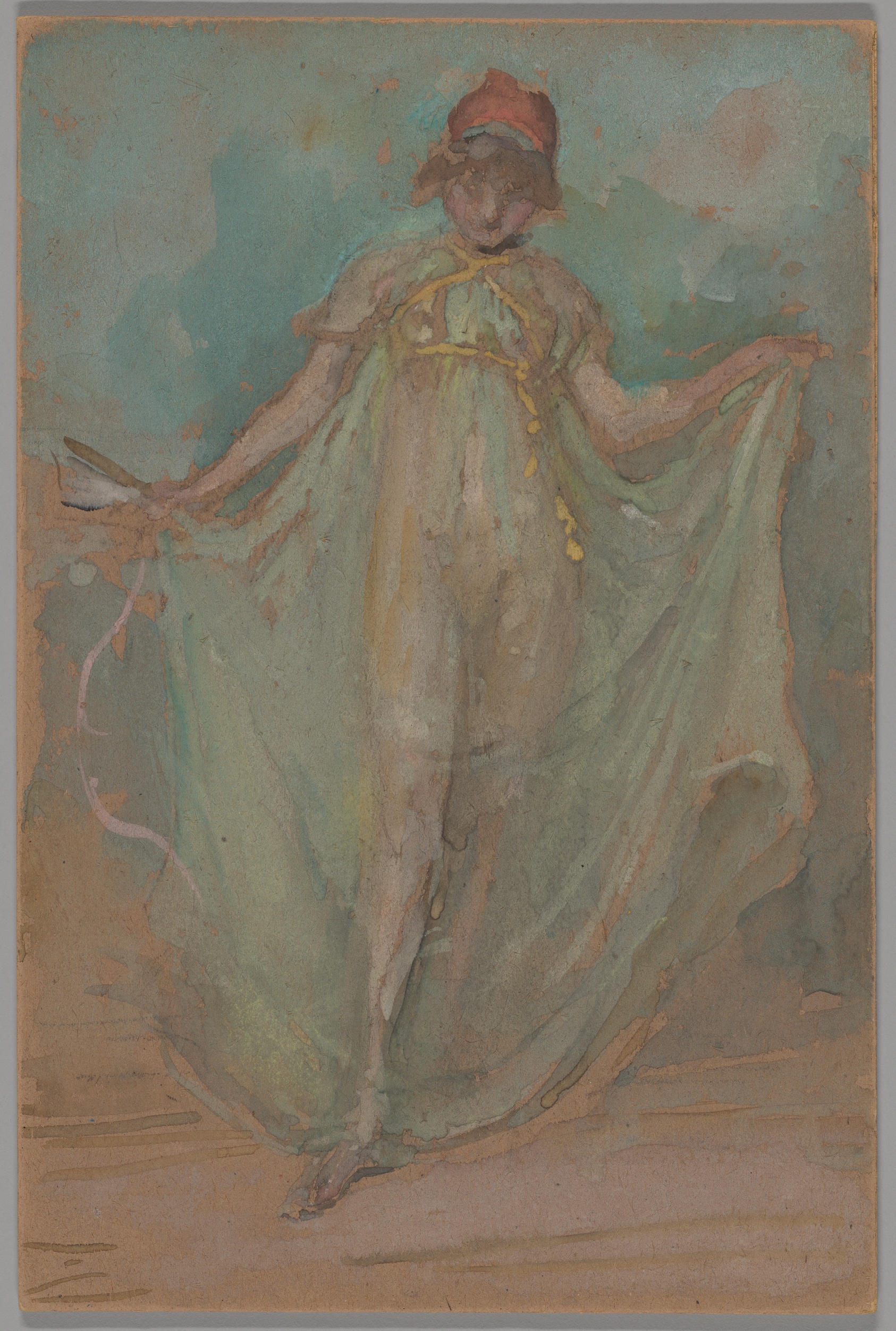 Pale watercolor drawing of young dancer in long sheer dress.