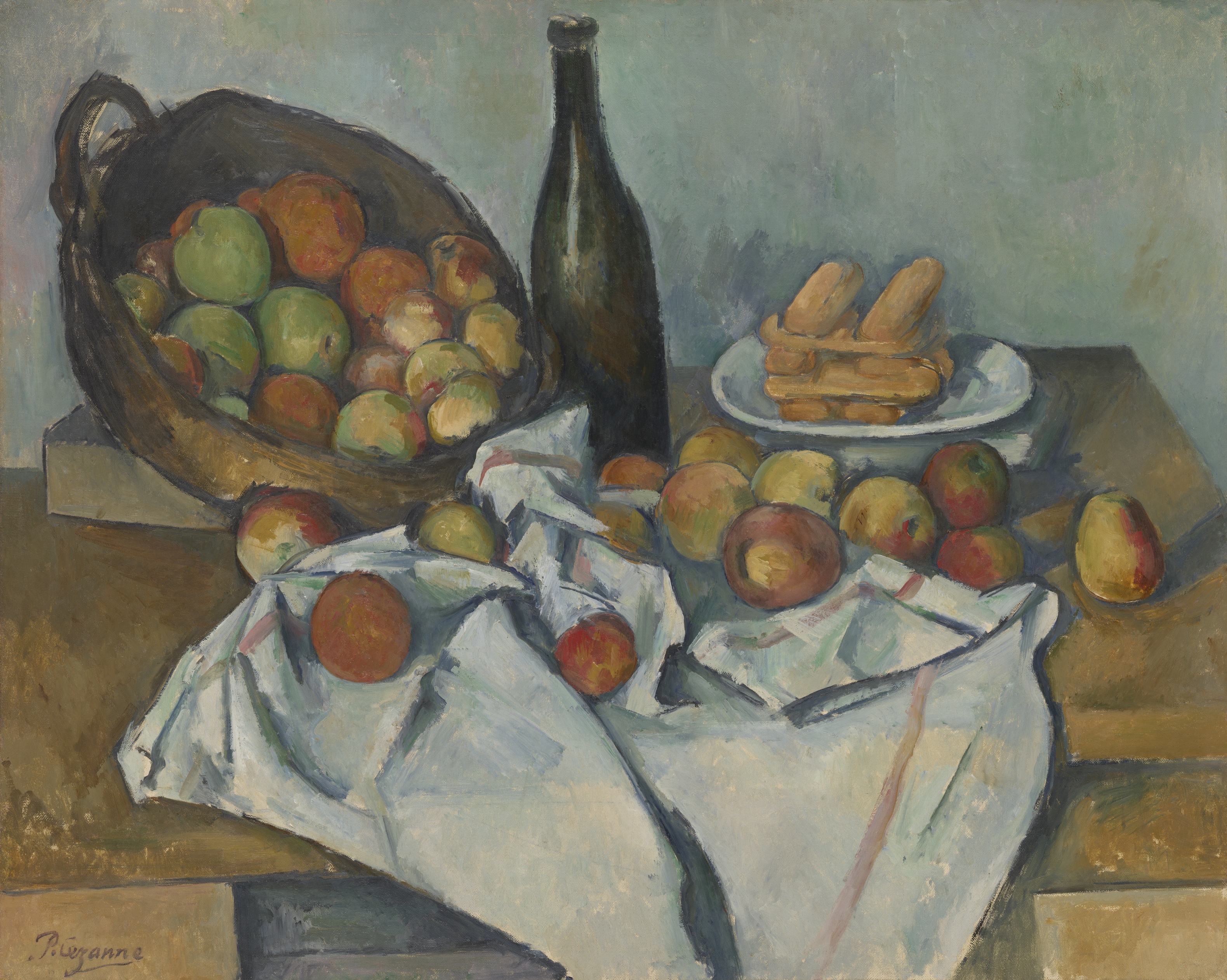 Painting of a basket of green and red-yellow apples spilling over into a white cloth placed on a wooden table, with a dark green bottle and a plate of pale biscuits behind.