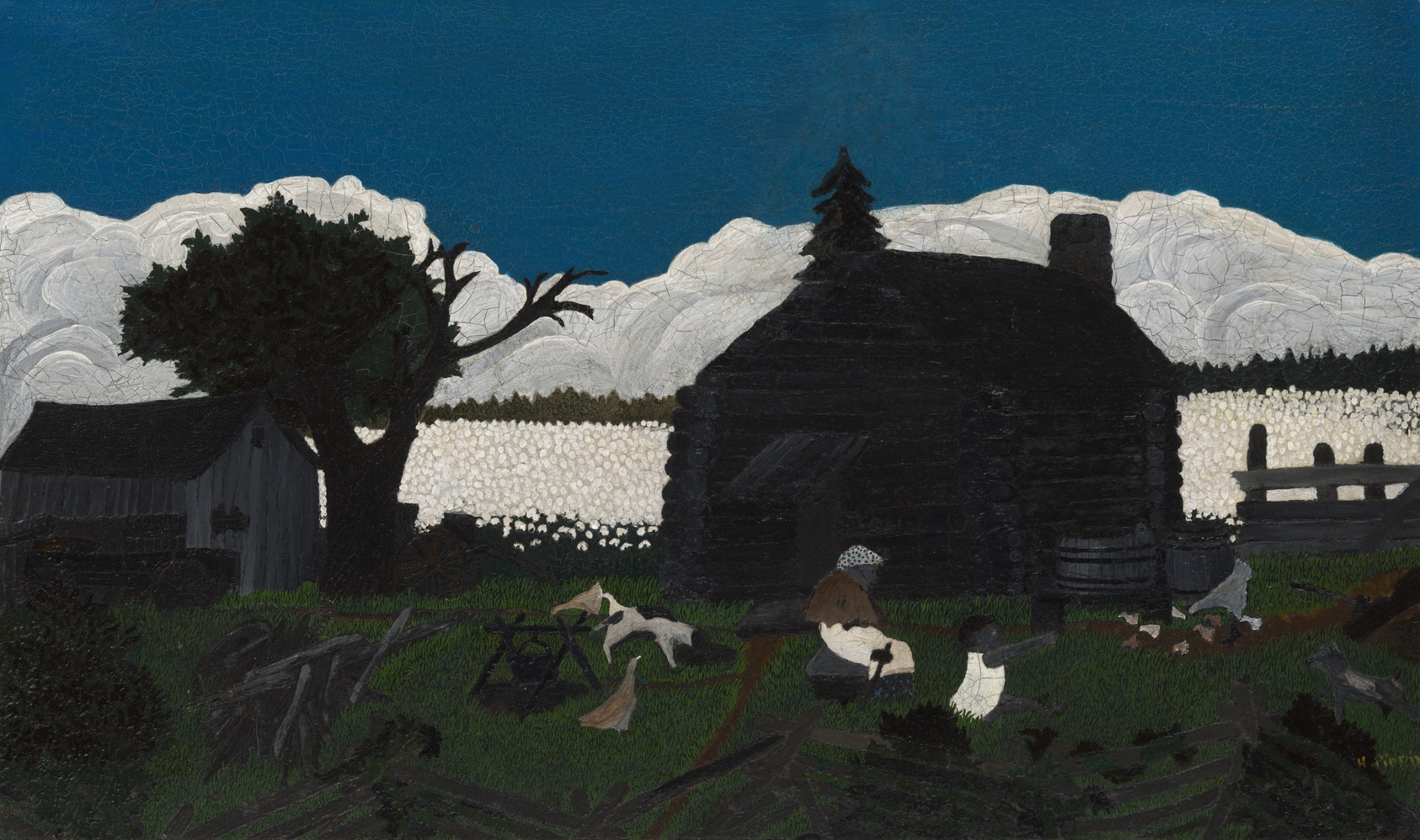 Painting of a cabin set below a dark blue sky and fluffy white clouds. Behind it is a field of many small white dots. In front, a dark-skinned woman sits and a dark-skinned child plays among roaming chickens and dogs in a fenced-in yard.