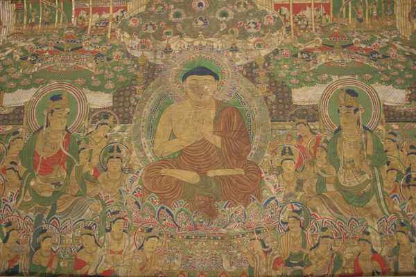 A work made of color and ink with gold on silk.