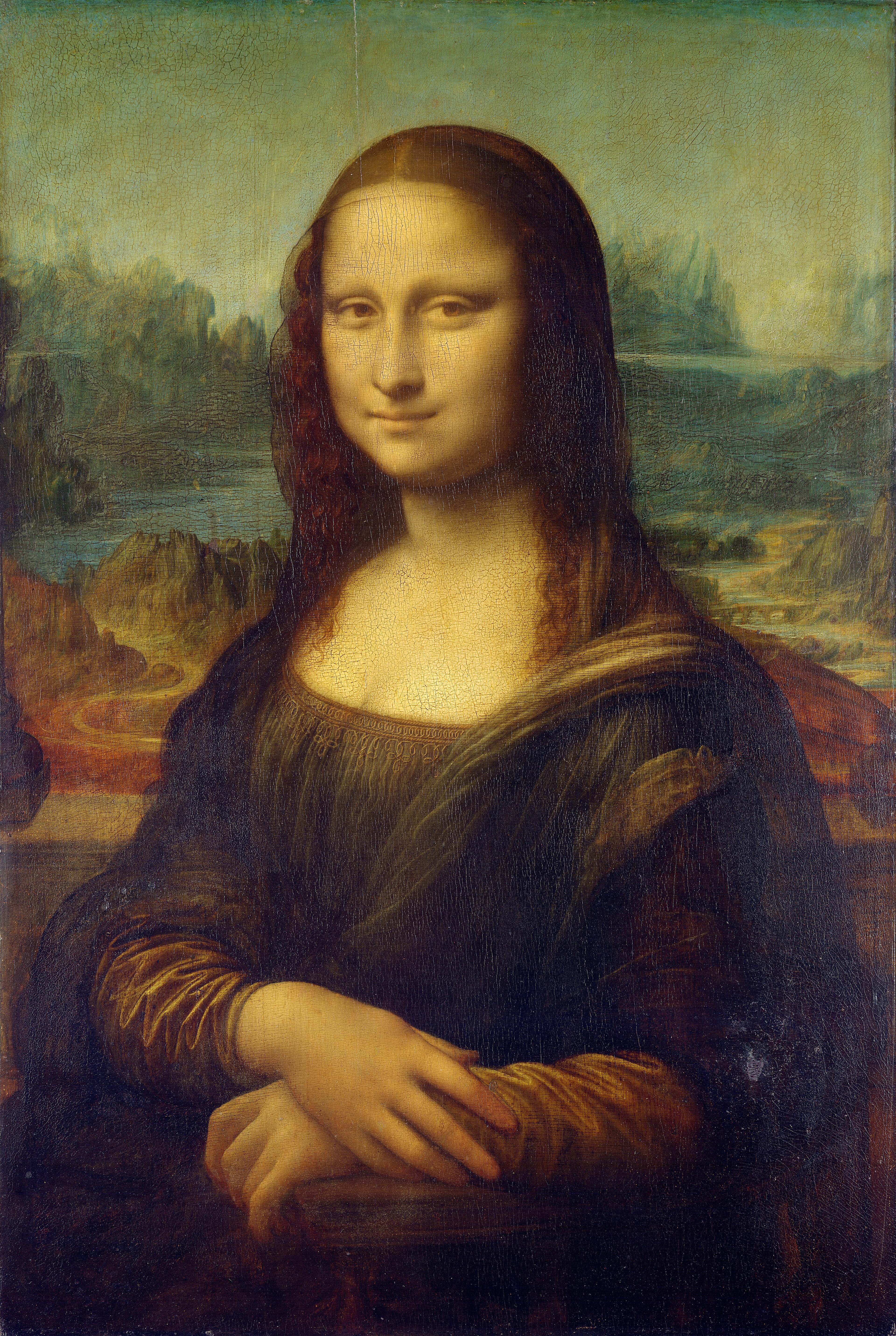 Leonardo: a seated woman with folded hands and a slight smile before a distant landscape.