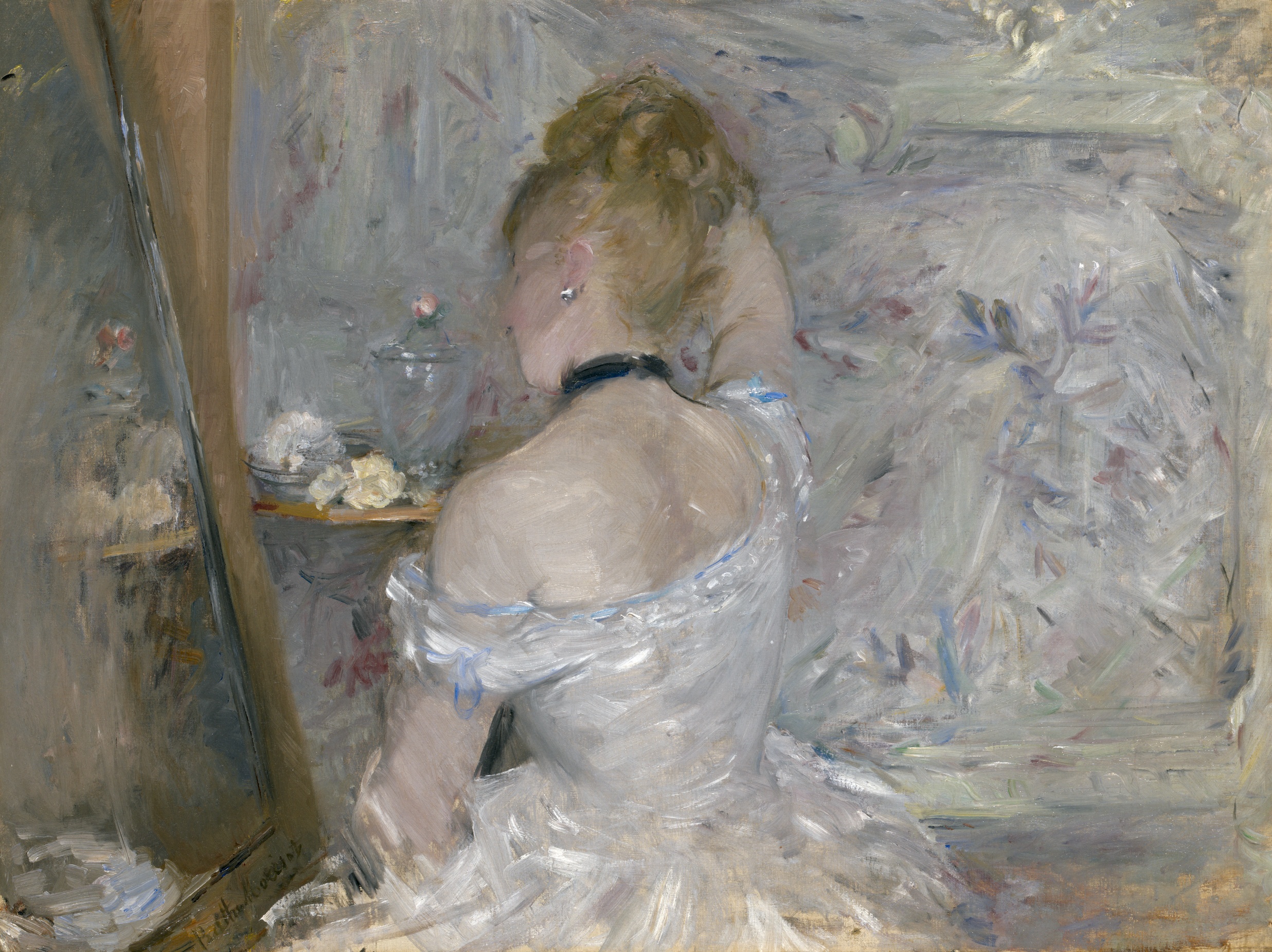 Painted portrait dominated by loose, large brushstrokes of a woman, seen from the back, wearing a gauzy white off-the-shoulder dress and black choker, blond hair swept up, examining herself in a mirror at left. The background is a feathered swirl suggesting floral pattern in cool pale tones of gray, purple, pink, and blue.