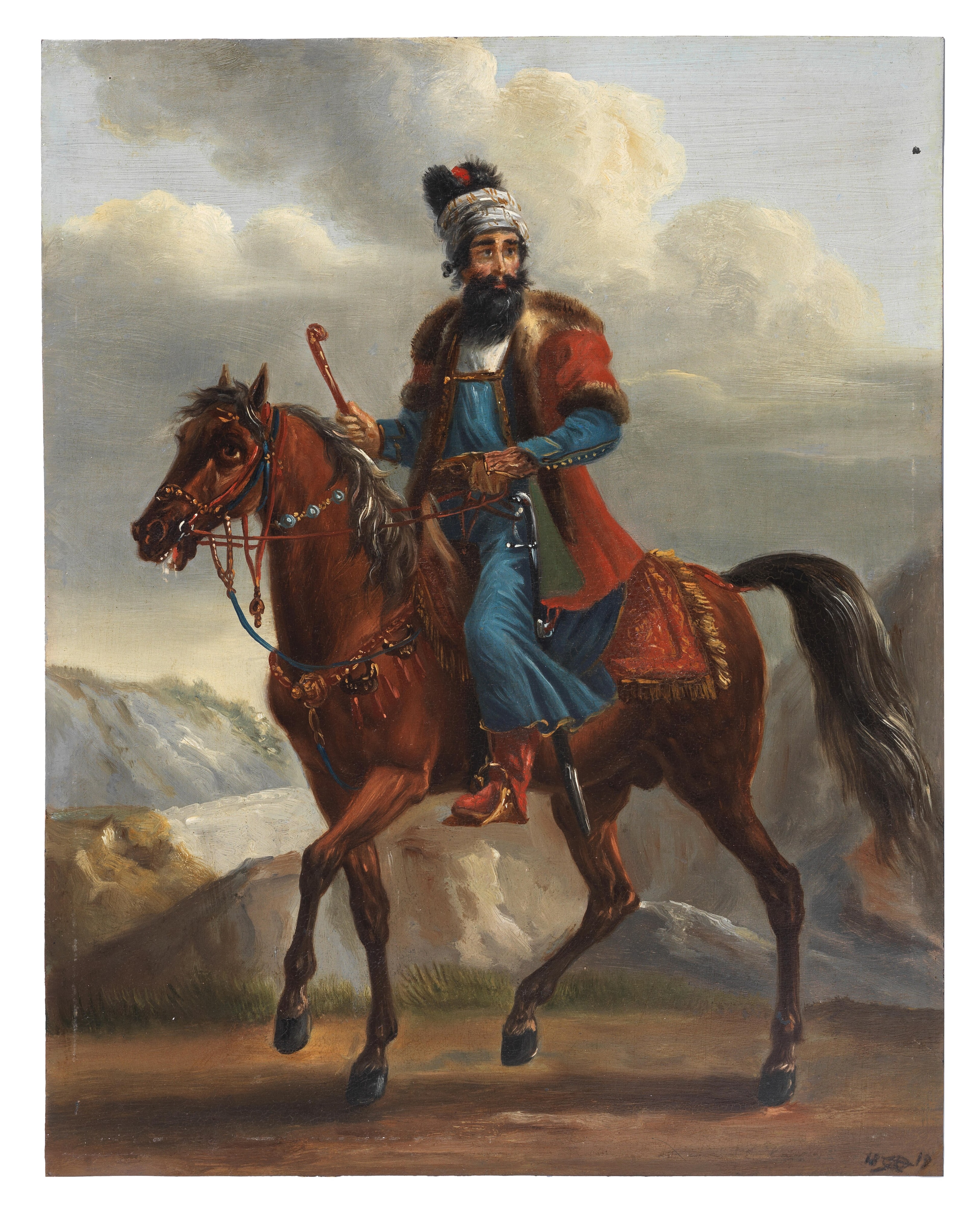 Hajji Mirza Isma'il, Qajar hokmran (civil administrator) of the Khanate of Erivan, on horseback in a landscape by Bonhams