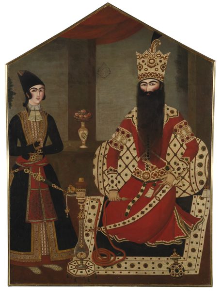 A magnificent Qajar royal portrait of Fath 'Ali Shah attended by a prince (almost certainly Mohammad Mirza, later ruling as Mohammad Shah), attributed to Mihr 'Ali, Persia, circa 1820 by Attributed to Mihr Ali