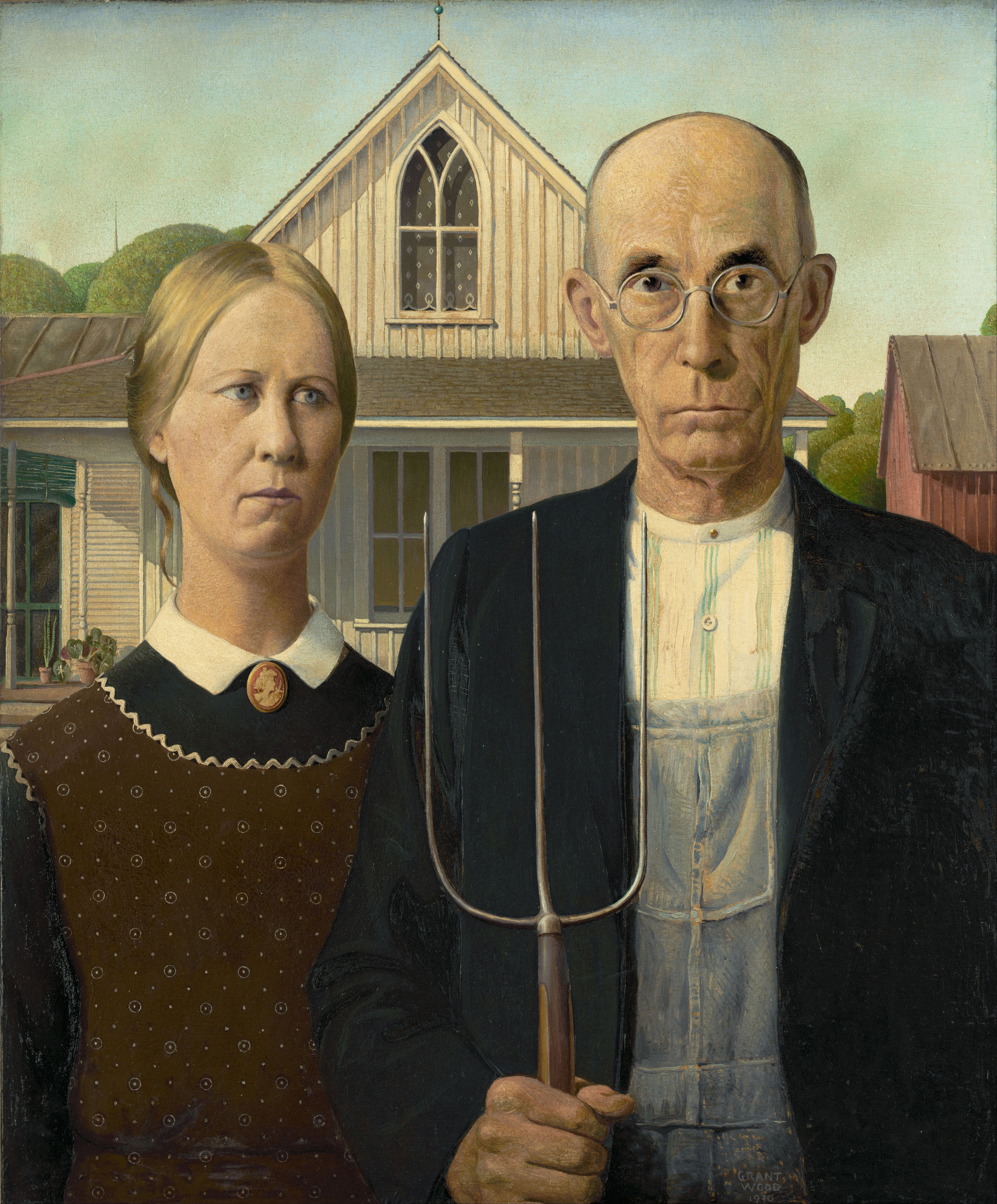 Grant Wood: two solemn figures, one holding a pitchfork, in front of a house with a pointed window.