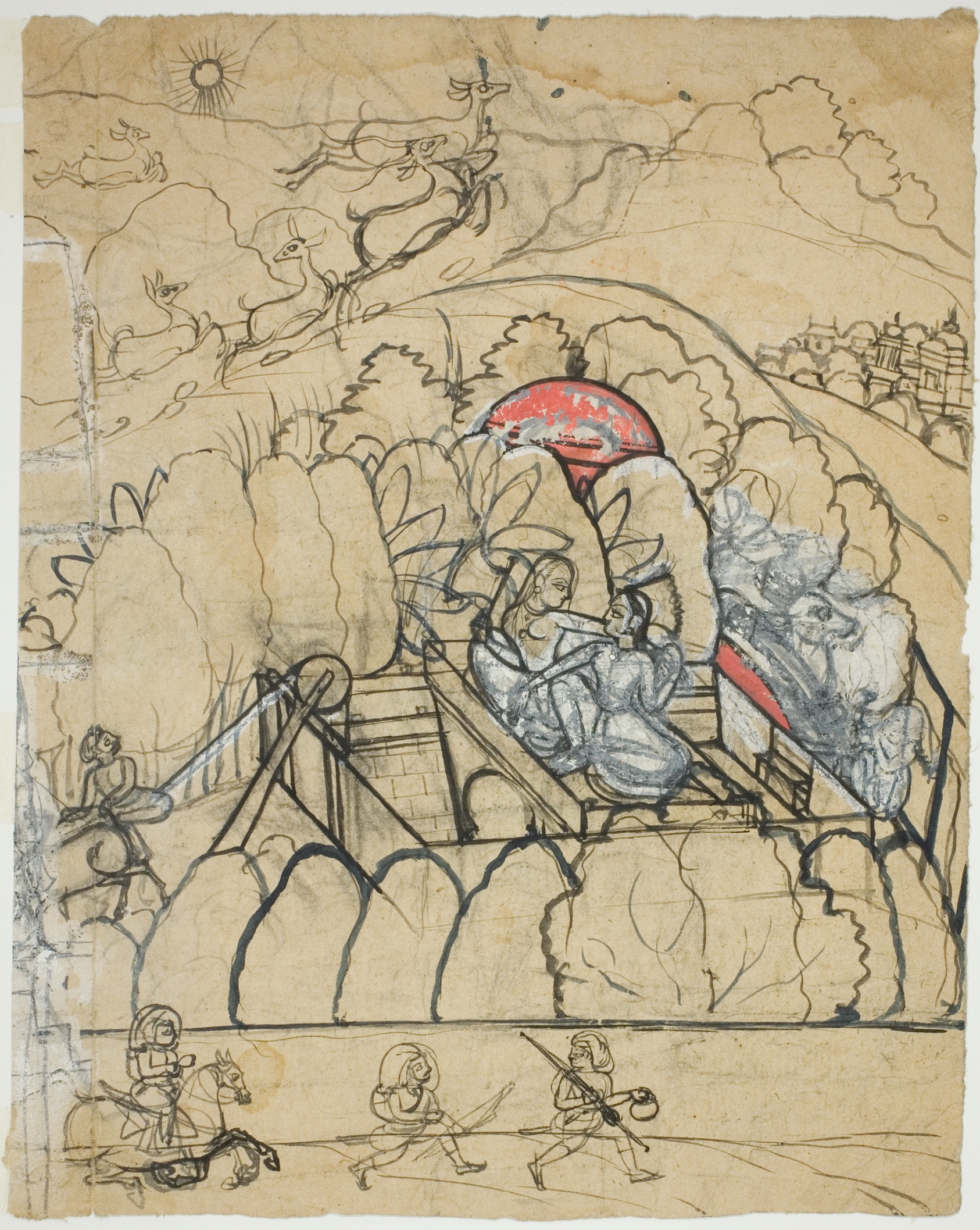 A work made of black ink, charcoal, and touches of color on buff paper.