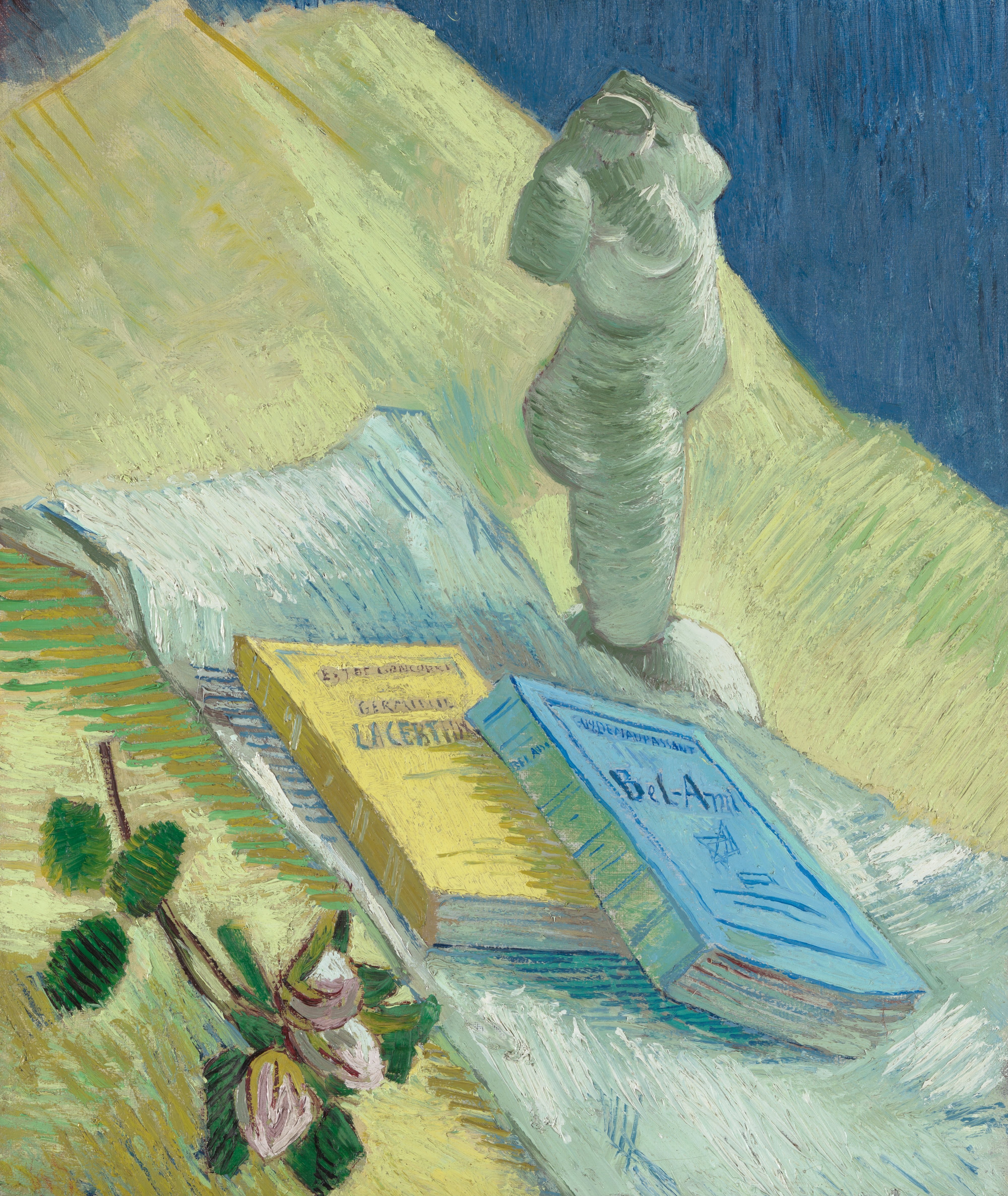 Still Life with Plaster Statuette, a Rose and Two Novels, 1887-12, by Vincent van Gogh