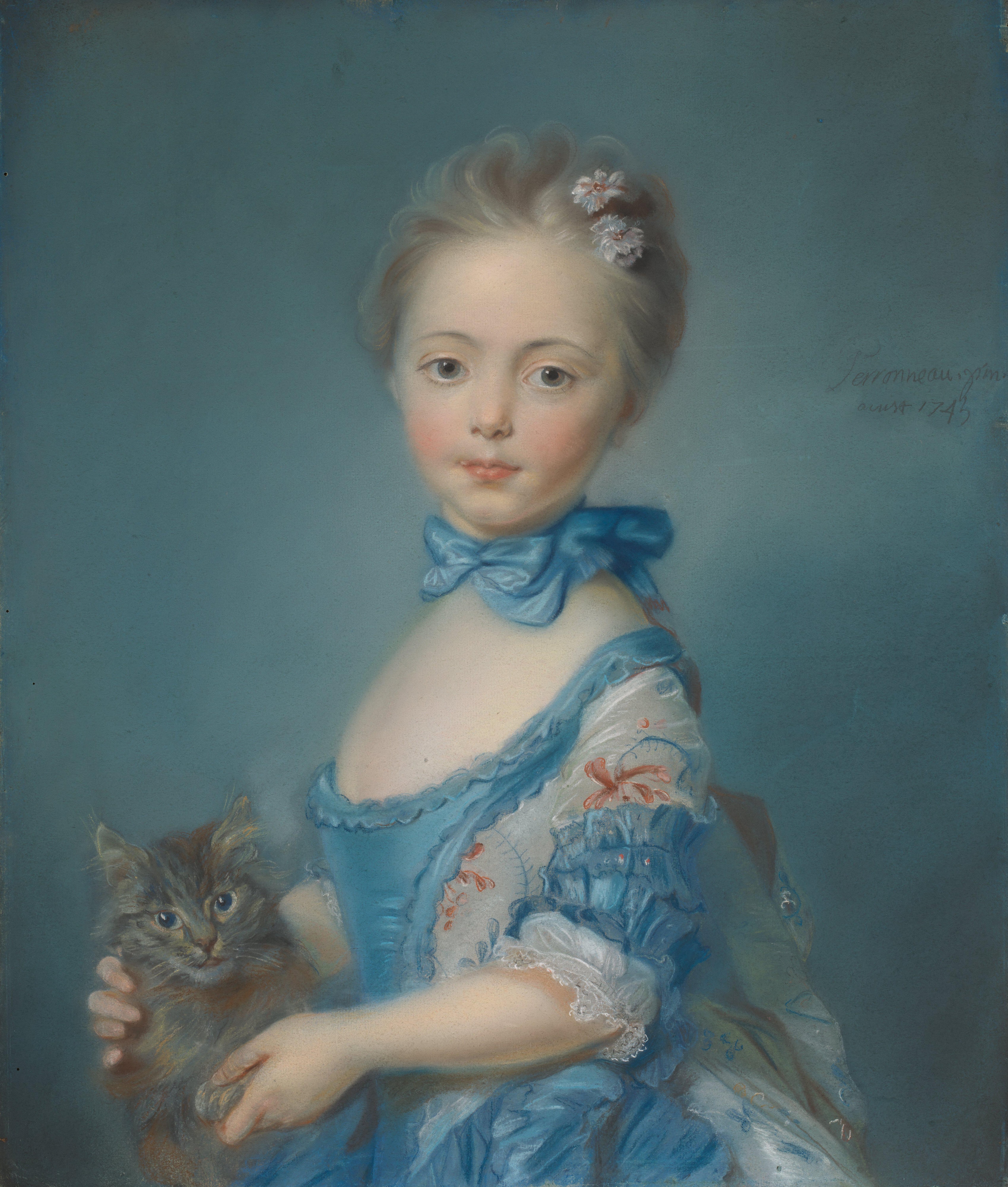 A Girl with a Kitten by Attributed to Jean-Baptiste Perronneau