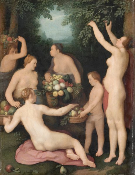 Pomona receiving the harvest of fruit . by Cornelis van Haarlem