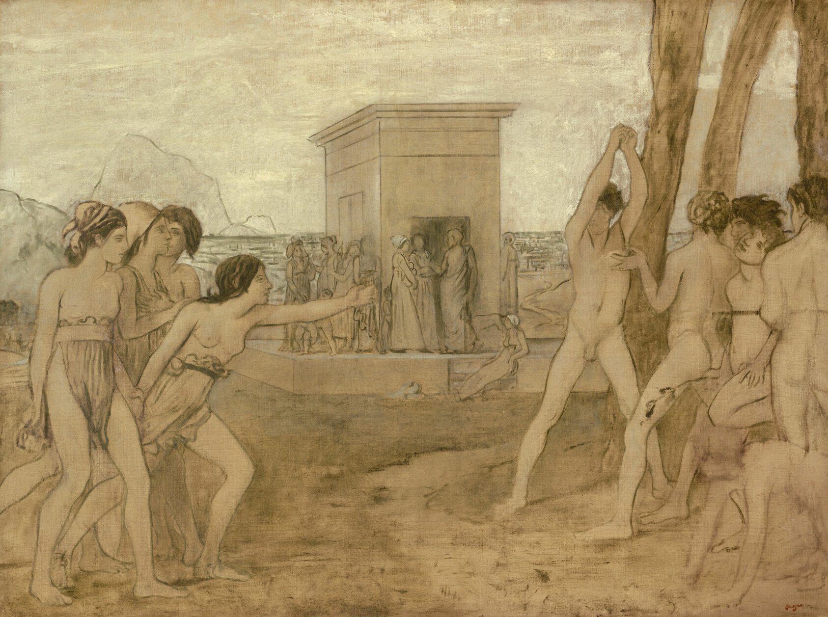 A brown-toned image of a group of scantily clad young women at left, one holding out her arm toward a group of naked young men standing at right.