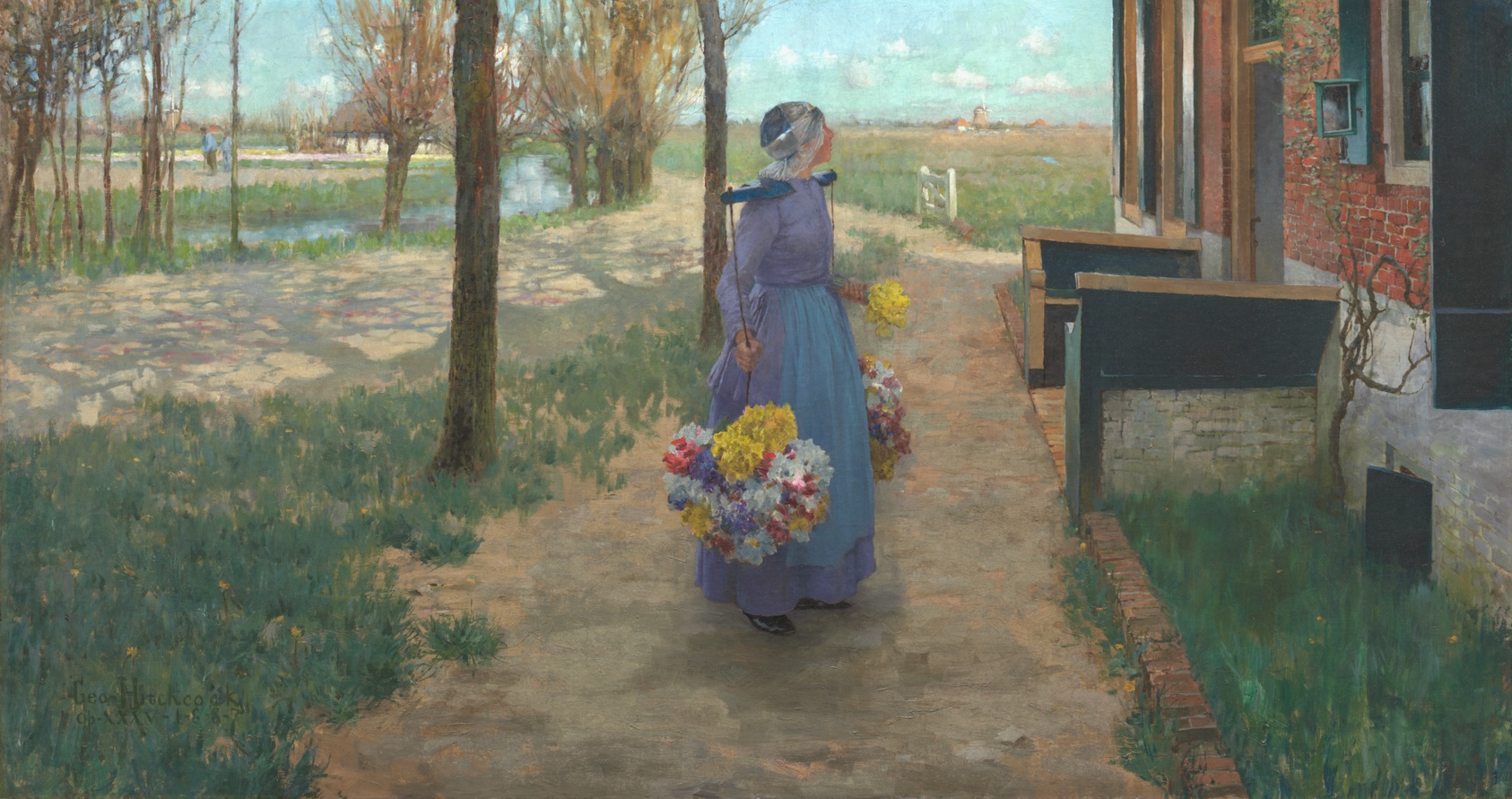 Painting of a young woman outdoors in a light purple dress and head covering with a wooden yoke around her neck suspending large bundles of brightly colored flowers. She stands on a path adjacent to a river, facing the wall of a red-brick house at right.