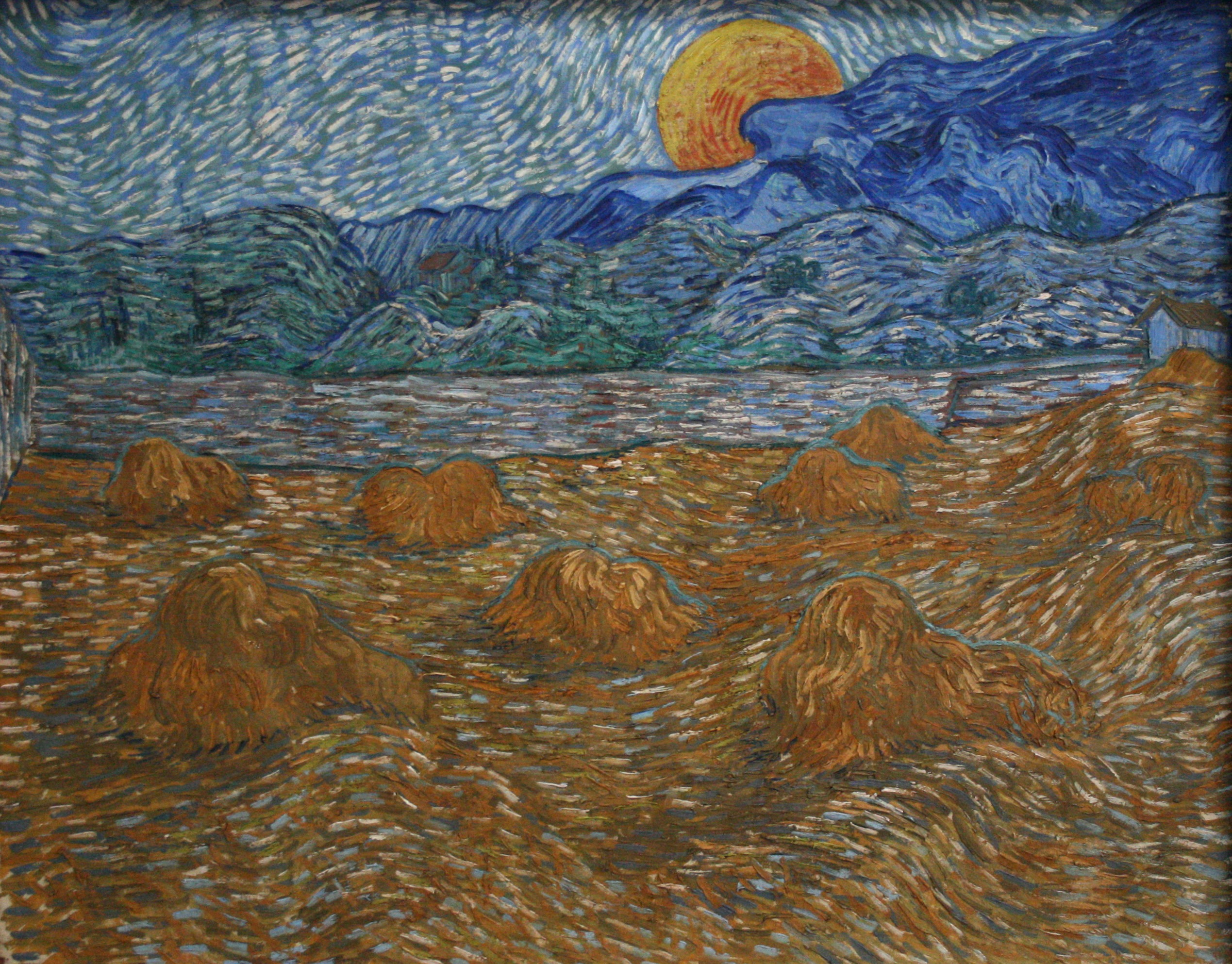 Landscape with wheat sheaves and rising moon, 1889-07, by Vincent van Gogh