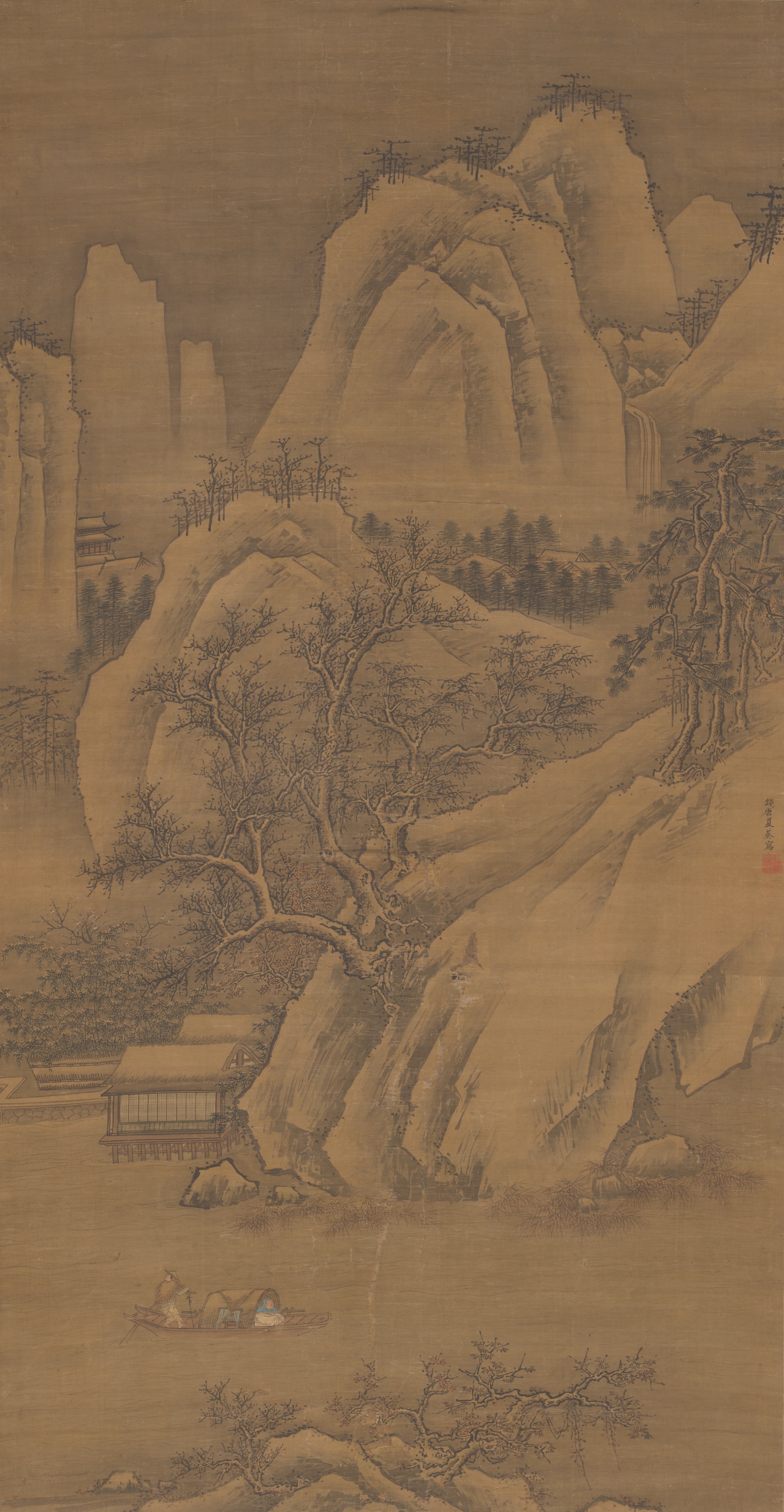 A work made of hanging scroll; ink and colors on silk.