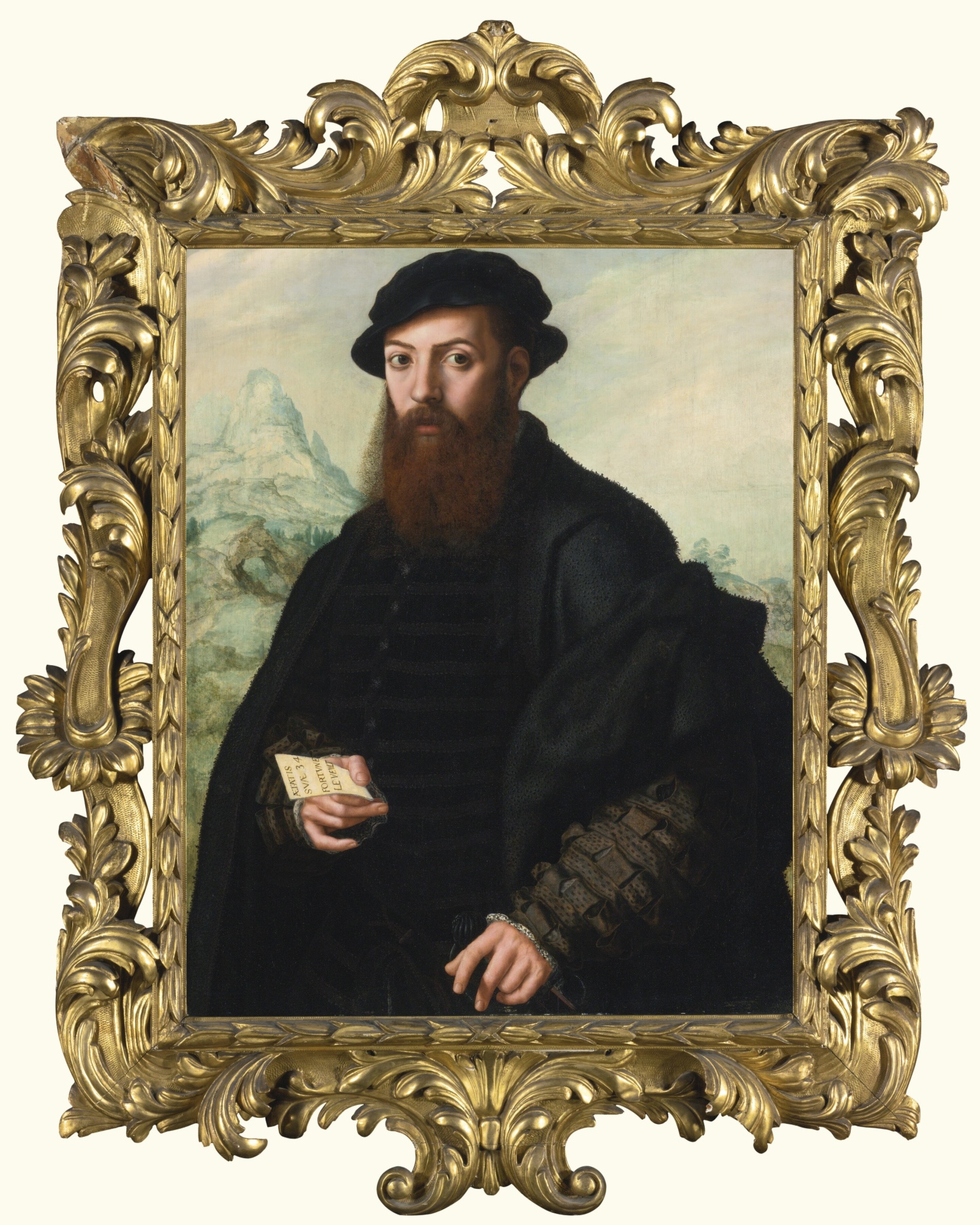 Portrait of a bearded man, aged 34, before an extensive landscape by Jan Sanders van Hemessen