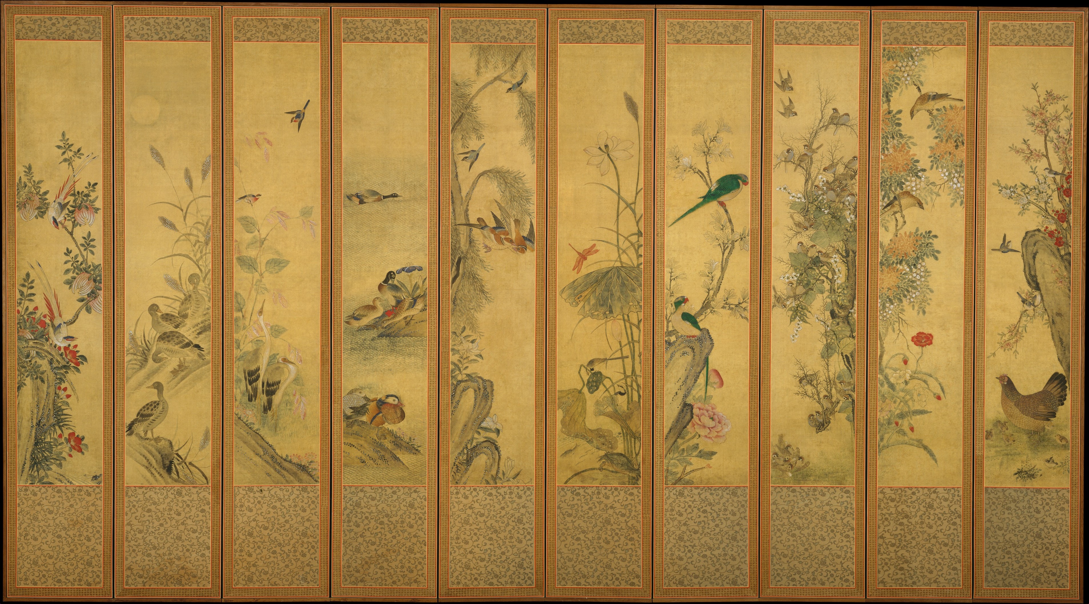 Birds and flowers painted on ten-panel folding screen by Unidentified artist