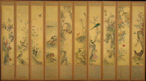 Birds and flowers painted on ten-panel folding screen by Unidentified artist