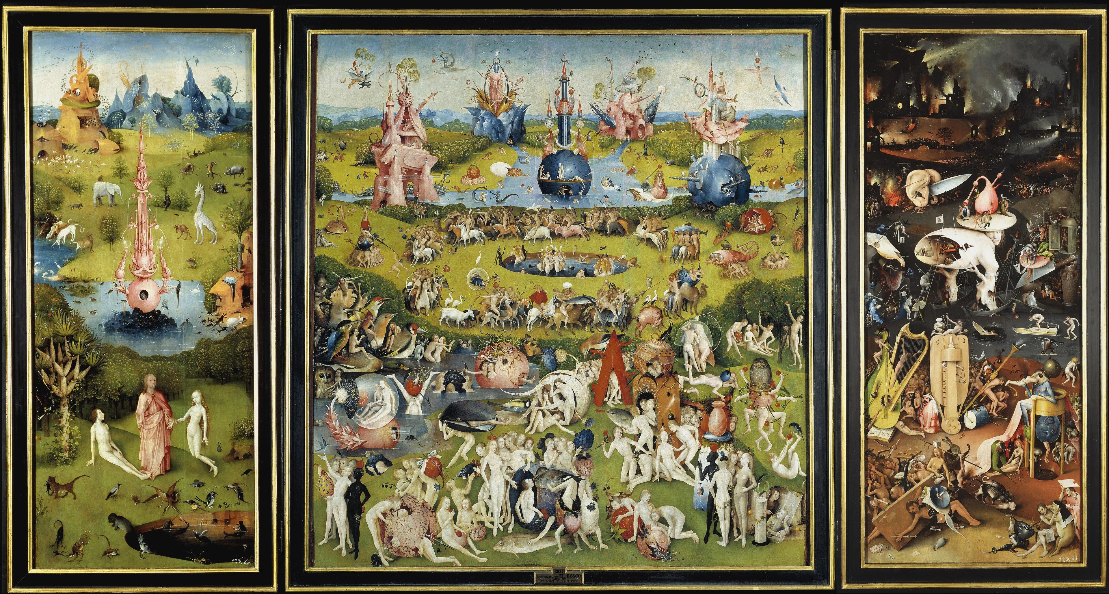 Bosch: an open three-panel painting with a garden, crowded fantastic figures and a dark right-hand scene.
