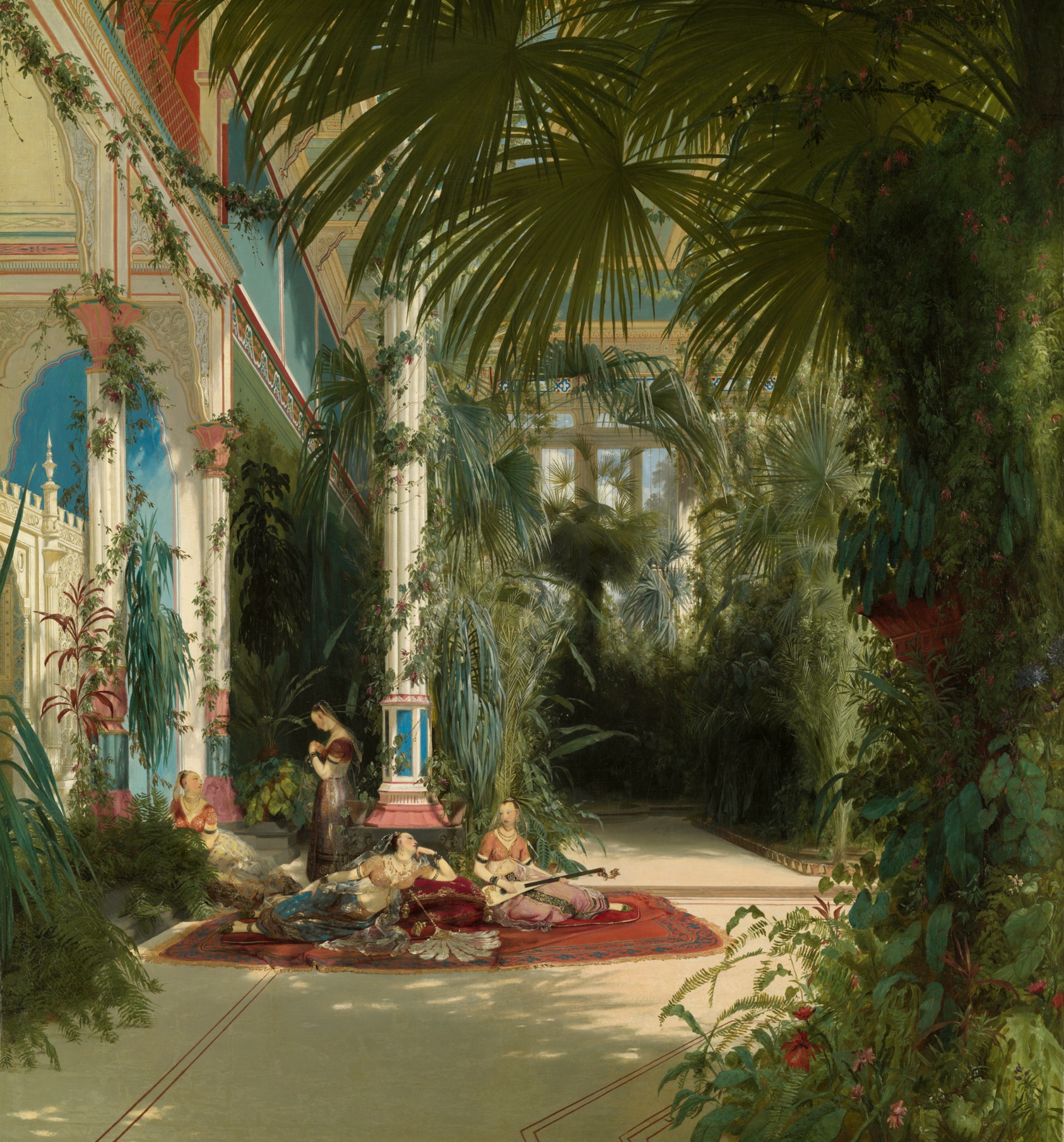 Four women with musical instruments lounge in a massive garden courtyard.
