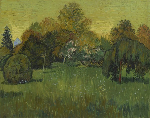 Lush tall grasses with small white flowers foreground a grove of bushy trees of varying types and heights, their leaves ranging from deep green to golden. Beneath a dense and heavy yellow sky, a small blue triangle suggesting a mountain peak crests above the treeline at far left.