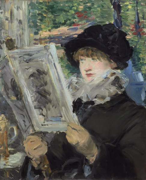 A young woman in a dark hat and coat with light ruffled collar sits reading a large periodical held up in her gloved hands. Flowers and foliage are suggested behind her.