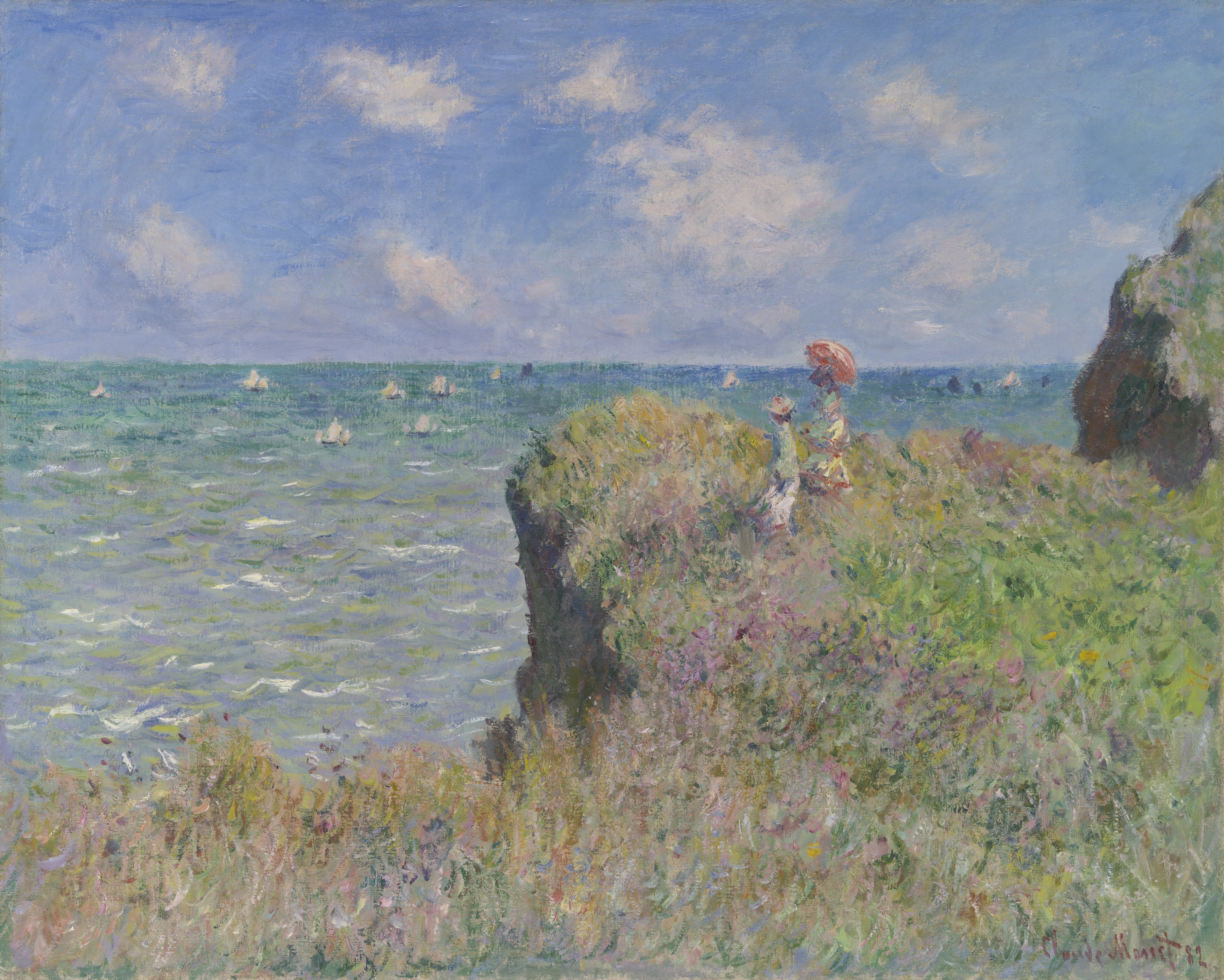 Painting of a cliff overlooking the sea. Two figures in long dresses, one with a parasol, stand on the cliff beneath blue sky.