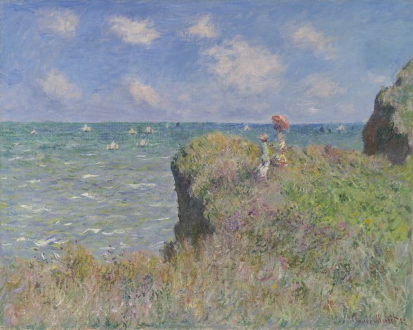 Painting of a cliff overlooking the sea. Two figures in long dresses, one with a parasol, stand on the cliff beneath blue sky.