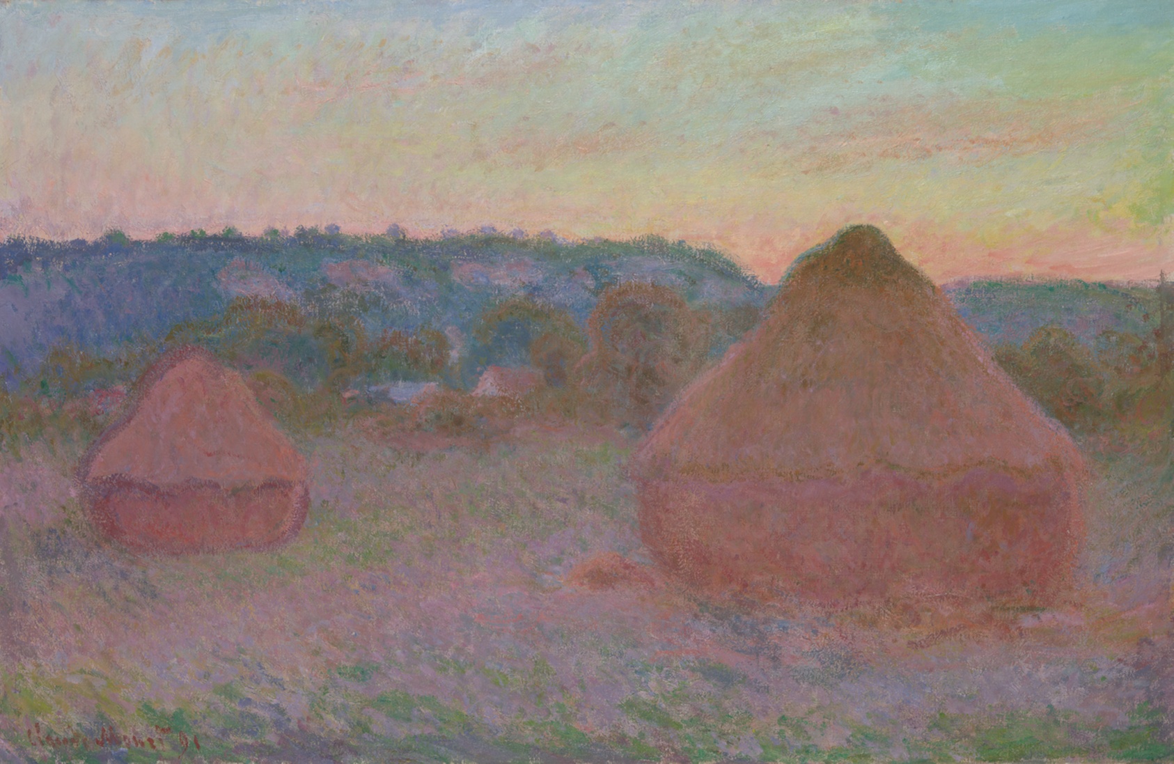 Painting mostly in soft yellow, green, purple, blue, and pink of two wheatstacks, the right nearer than the left, in a country landscape at sunset.