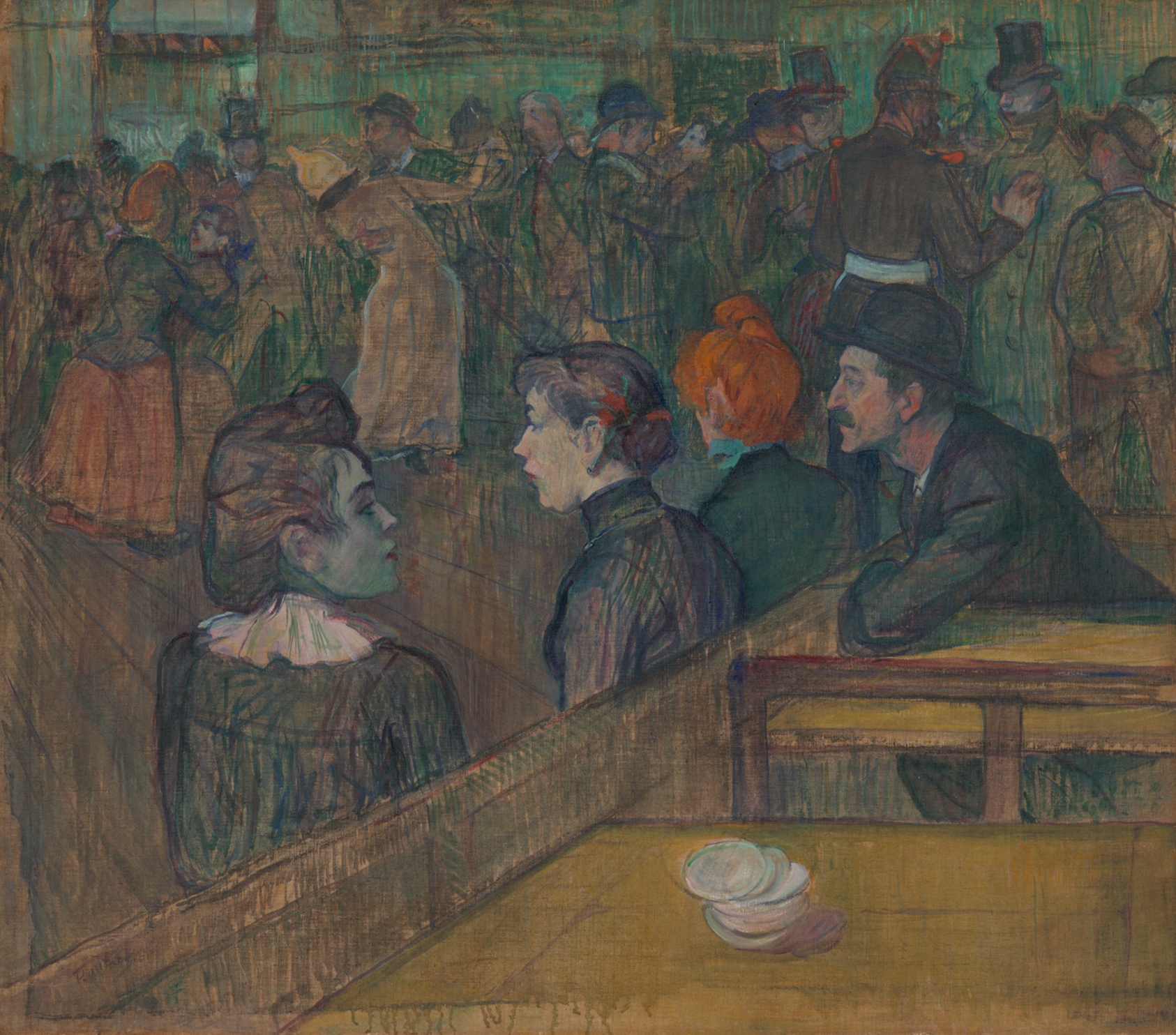 A scene in brown and green tones of people dancing indoors. In the foreground, three women stand near boothed tables while a man sits.