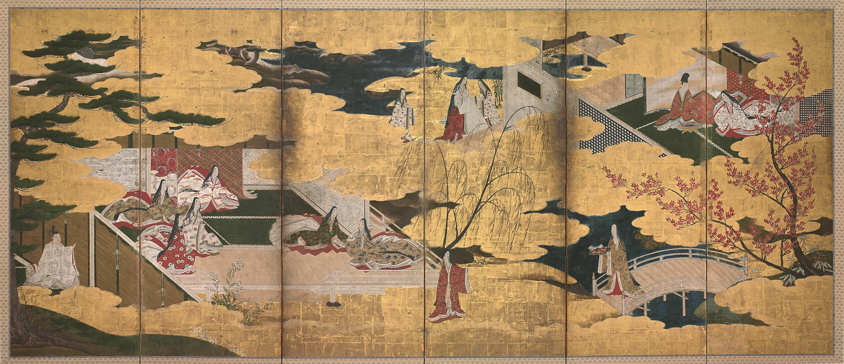 A work made of pair of six-panel screens; ink, colors, and gold on paper.