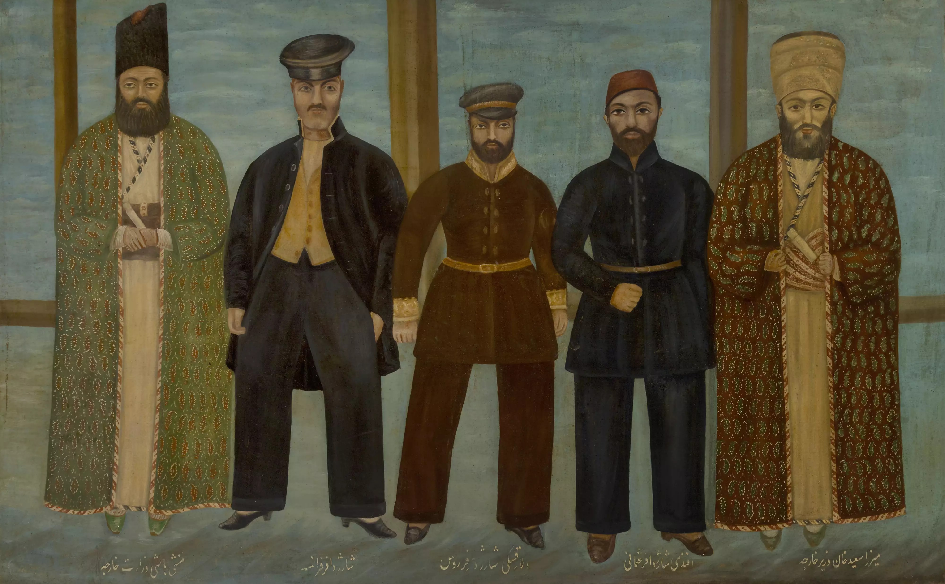 A large Qajar painting depicting Persian dignitaries with European diplomats by a follower of Samsan Ibn Zulfiqar Musavvir Al-Mamalik, Iran, circa 1900 (1) by Roseberys.co.uk