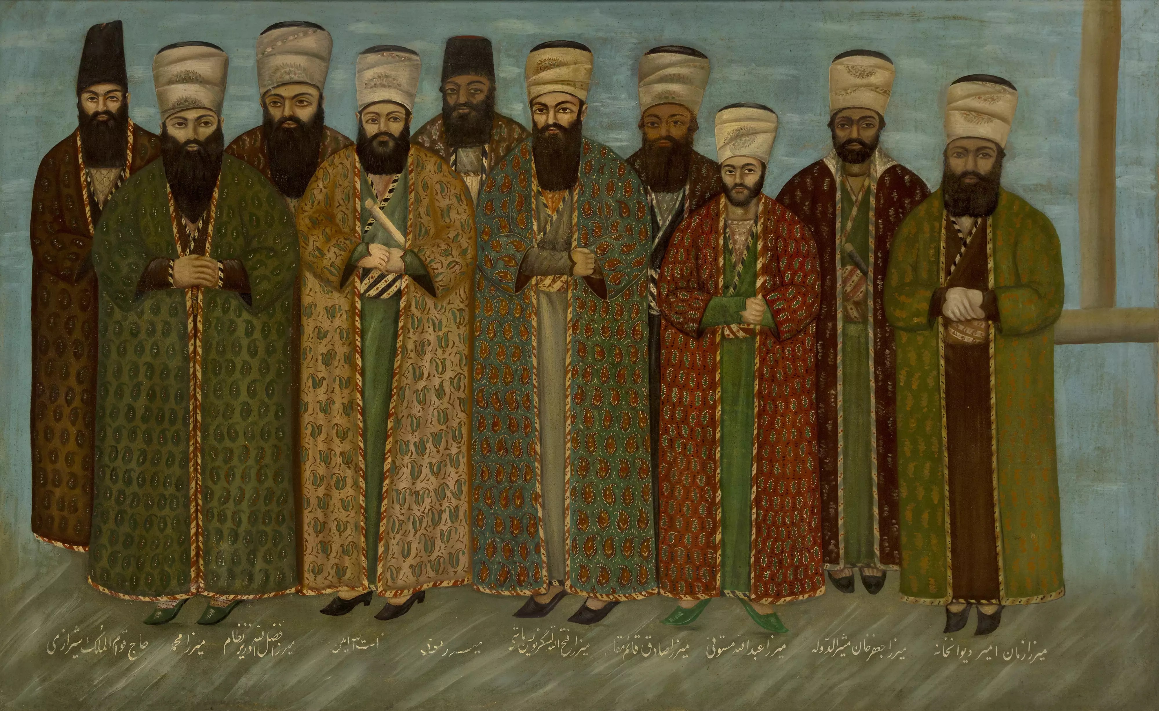 A large Qajar painting depicting Persian dignitaries with European diplomats by a follower of Samsan Ibn Zulfiqar Musavvir Al-Mamalik, Iran, circa 1900 (copy jpg) by Roseberys.co.uk