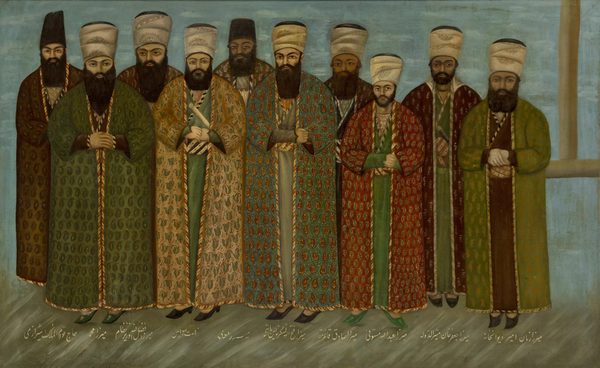 A large Qajar painting depicting Persian dignitaries with European diplomats by a follower of Samsan Ibn Zulfiqar Musavvir Al-Mamalik, Iran, circa 1900 (copy jpg) by Roseberys.co.uk