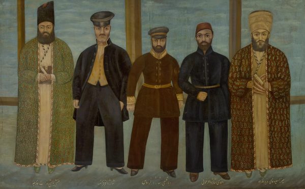 A large Qajar painting depicting Persian dignitaries with European diplomats by a follower of Samsan Ibn Zulfiqar Musavvir Al-Mamalik, Iran, circa 1900 (1 -copy jpg) by Roseberys.co.uk