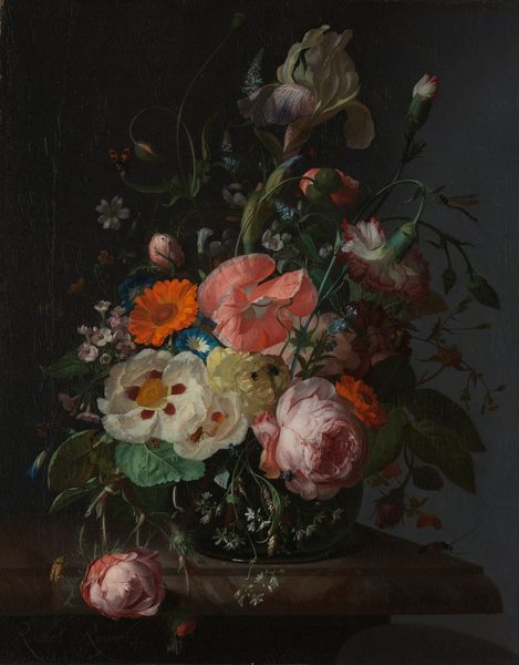 Still life with flowers on a marble table top . [ 1 ] Alternative title(s): Still life with flowers on a marble tabletop . [ 2 ] by Rachel Ruysch
