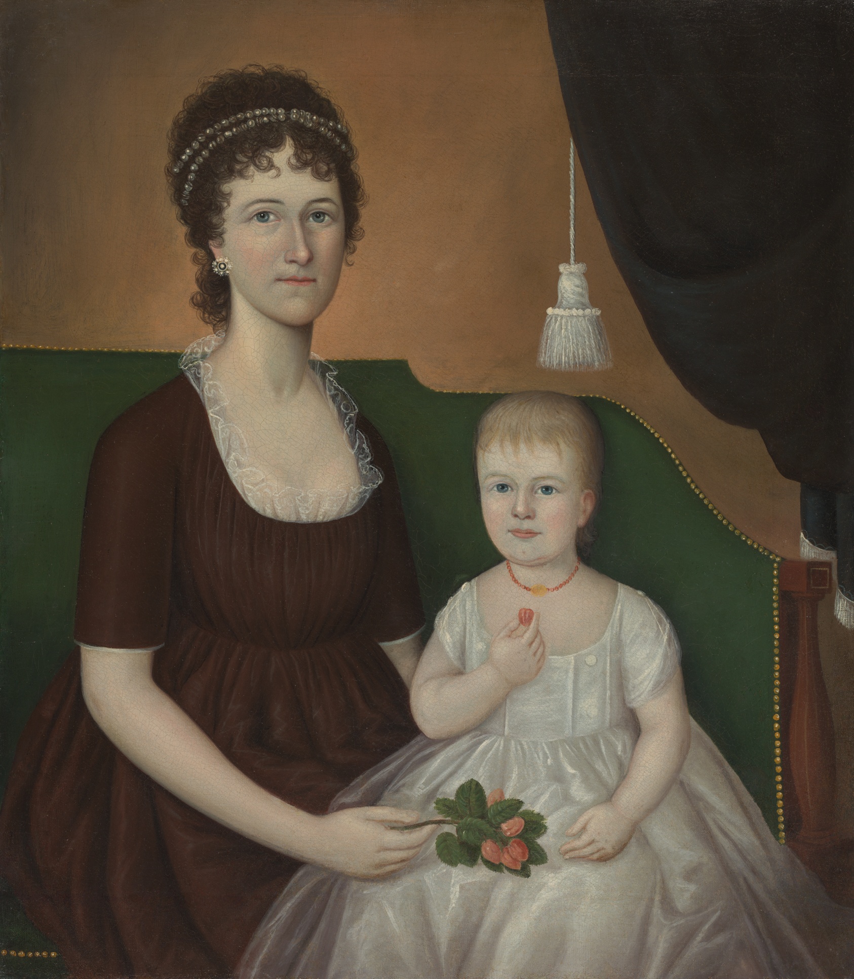 Portrait of a light-skinned woman with dark curly hair and to her right a small, blond child. Both are elegantly dressed, the woman in a dark, short-sleeved dress with gathered bodice and the child in a short-sleeved white dress. A white tassel hangs down above the child from a nearby curtain.